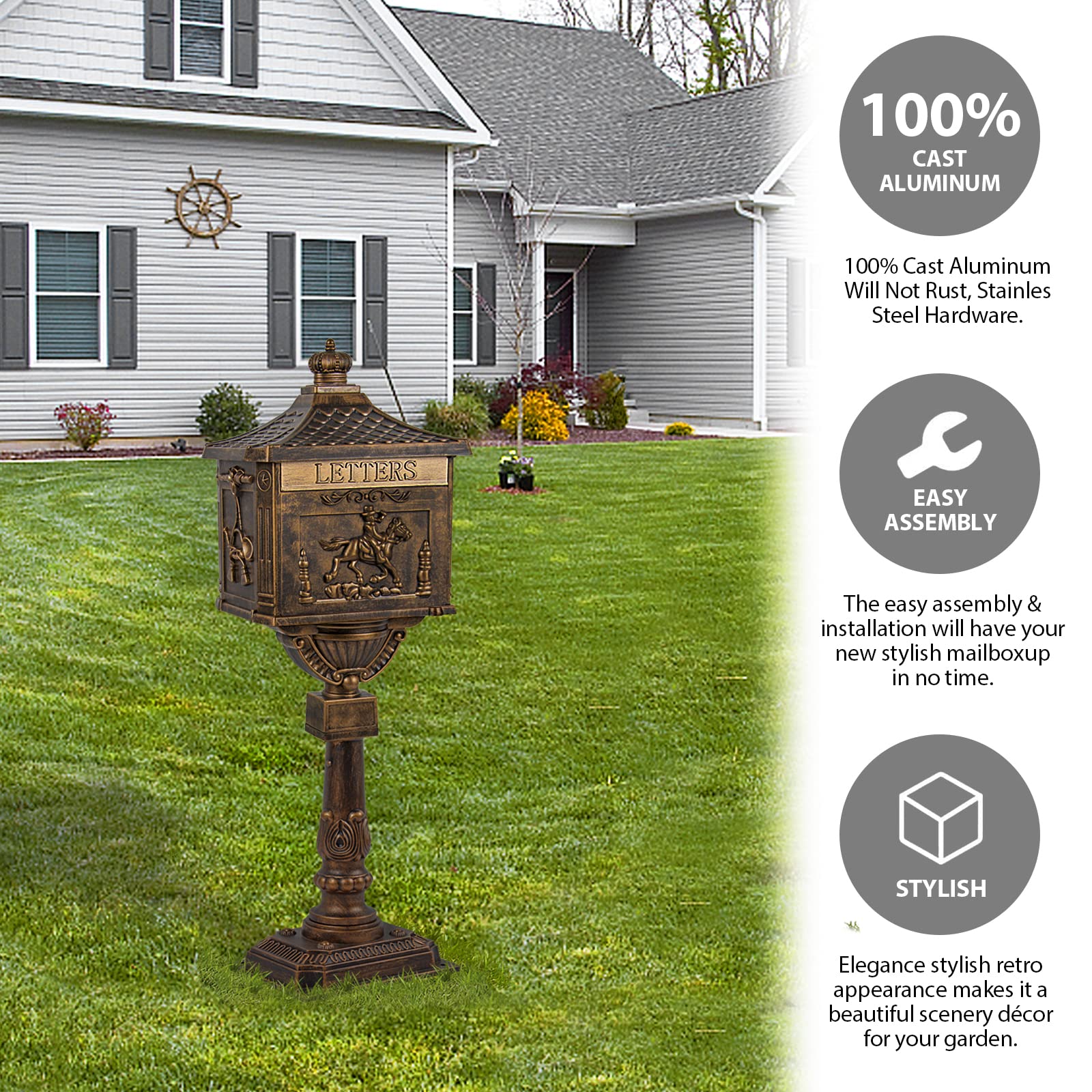 Polar Aurora Heavy Duty Cast Aluminum Bronze Mailbox - Secure & Durable Postal Mail Box for Home, Office & Outdoor Use