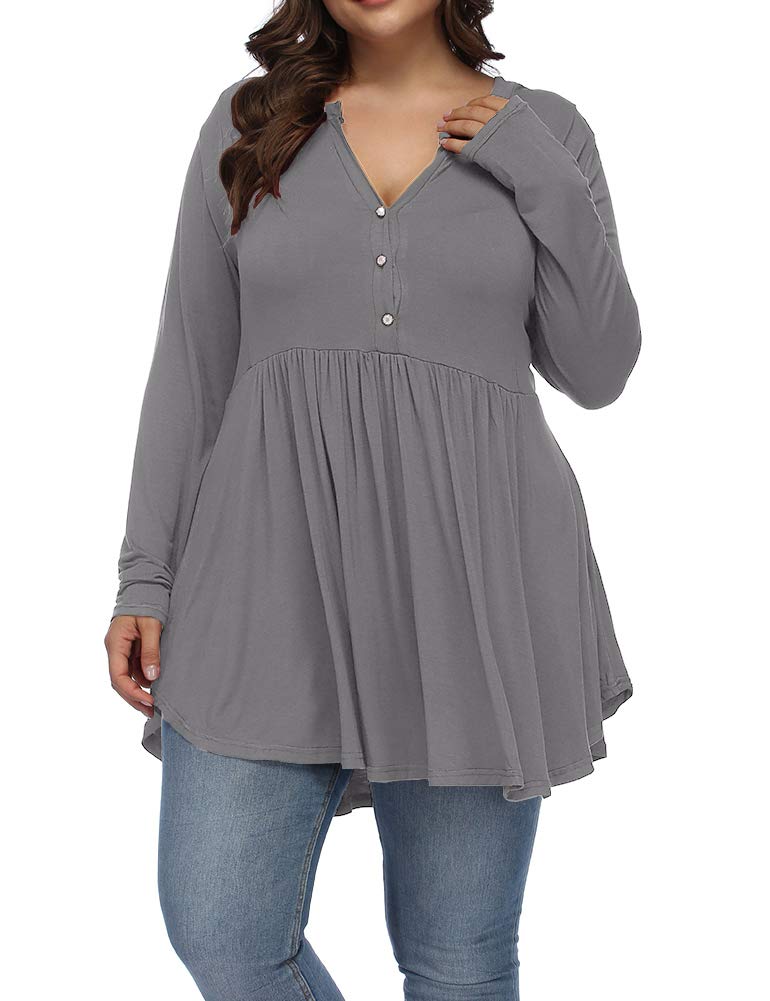 ALLEGRACE Women's Plus Size Henley V-Neck Button Tunic Top - Long Sleeve Flowy Swing Shirt for Casual Wear, Office & Everyday Outfits