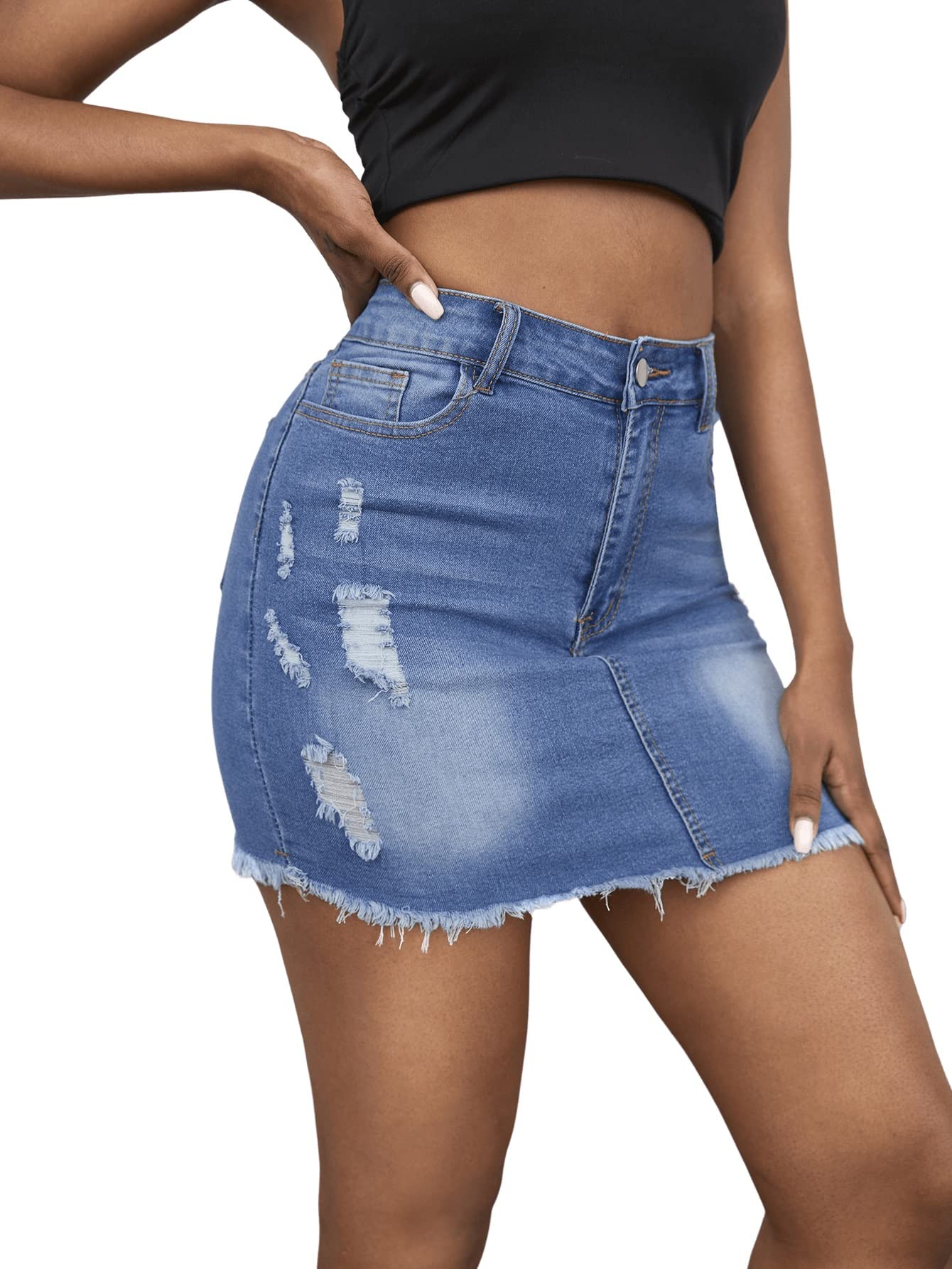 SweatyRocks Women's High Waist Ripped Denim Skirt - Raw Hem Mini Jean Skirt for Casual Outfits | Perfect for Summer, Street Style & Date Night Looks