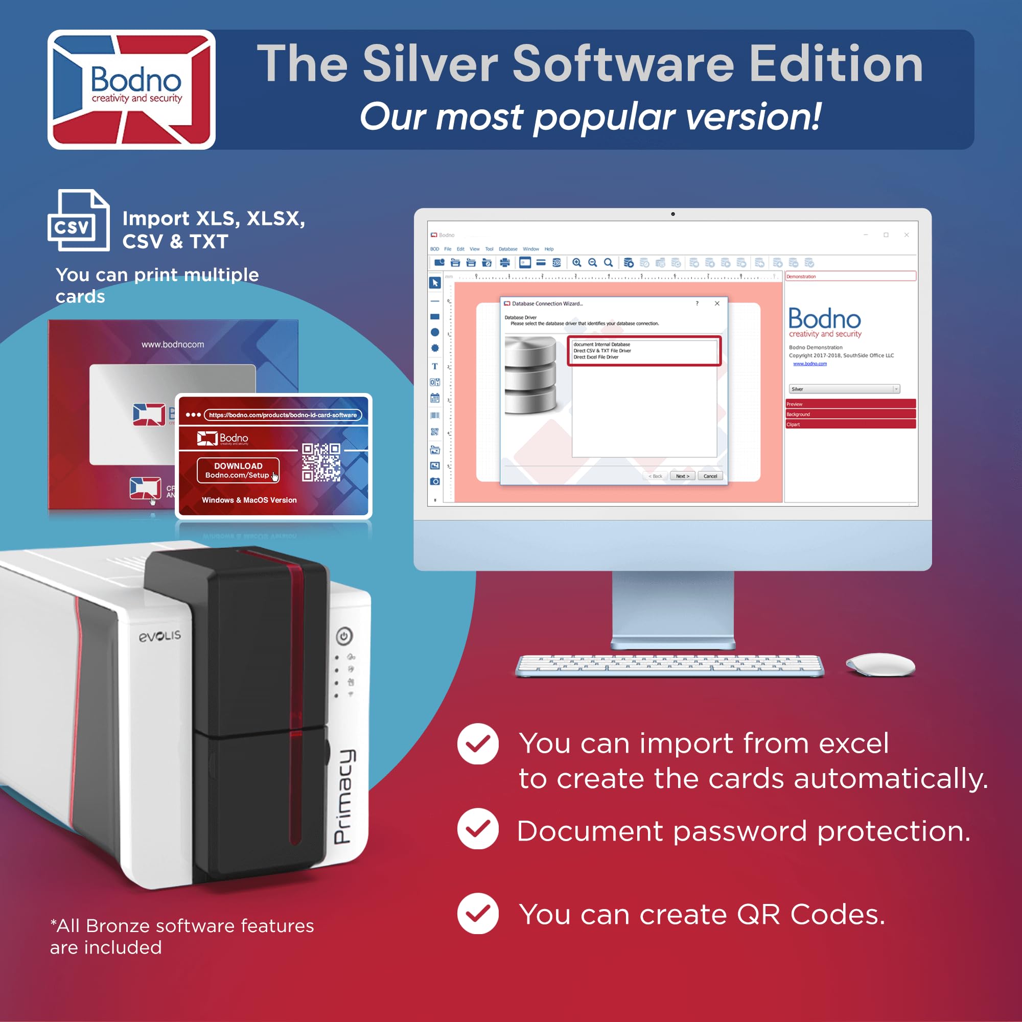 Bodno Evolis Primacy 2 Dual-Sided ID Card Printer with Complete Supplies Kit - Silver Edition | High-Quality ID Card Printing for Offices, Schools & Security Systems | Includes ID Software for Professional Badge Creation