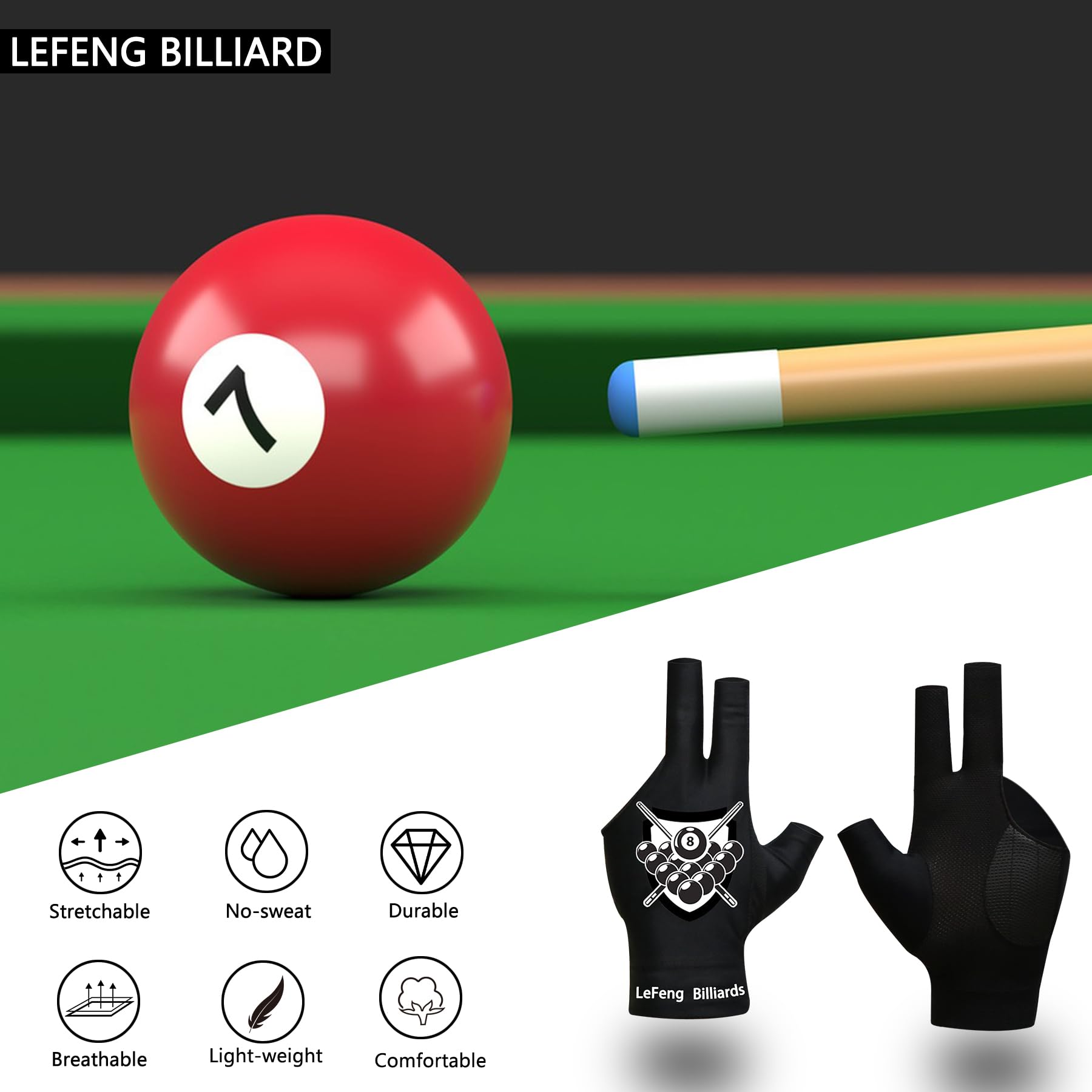 LeFeng Professional Billiard Gloves for Pool & Snooker - 3 Open Finger Design, Left Hand Fit for Men & Women - Perfect for Competitive Play & Practice Sessions