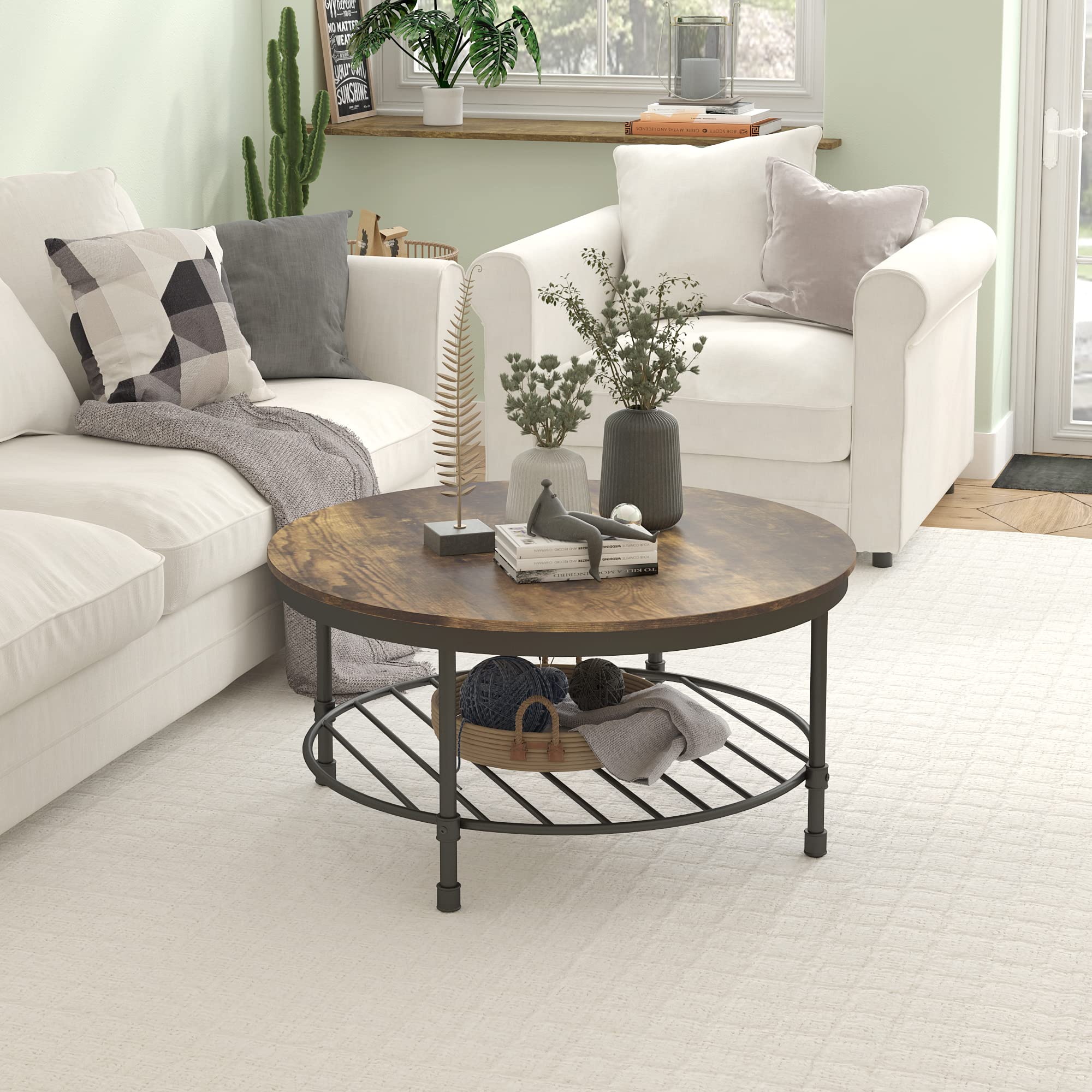 2-Tier Round Coffee Table with Wooden Top & Metal Frame - Industrial Rustic Living Room Accent Table with Storage Shelf - Retro Brown Finish for Home Decor & Small Space Organization