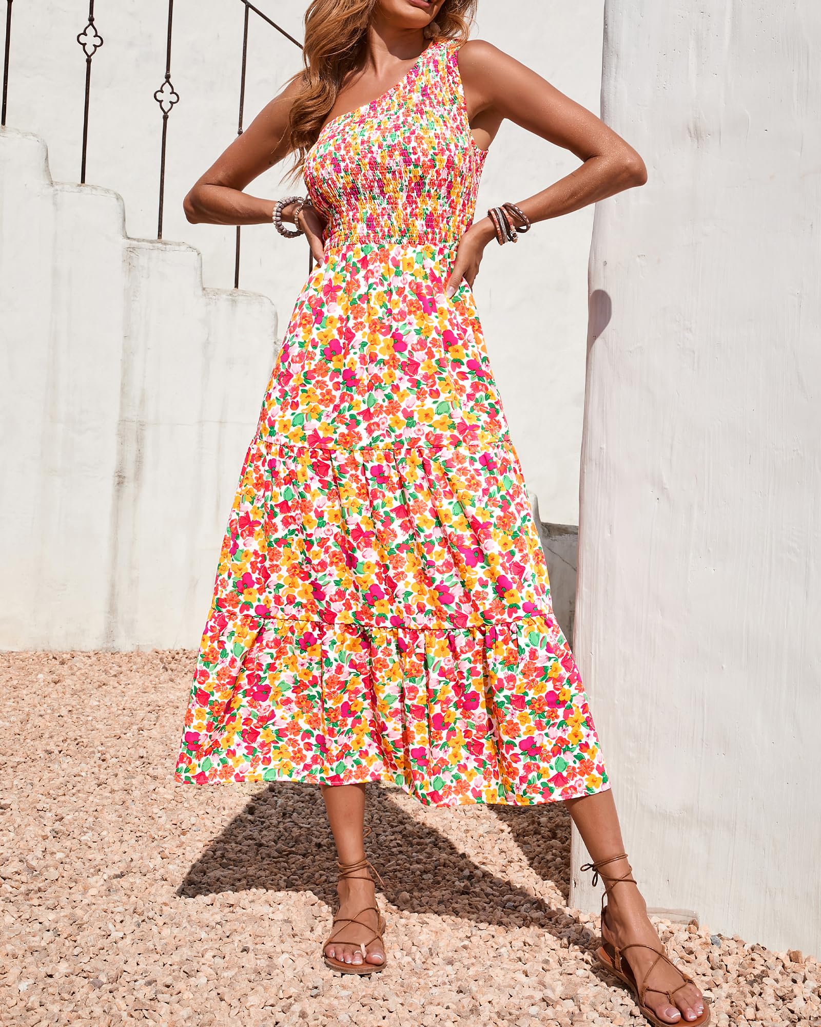 BTFBM Women's One Shoulder Floral Maxi Dress - Sleeveless High Waist Boho Beach Dress for Summer 2025 | Casual Smocked Flowy Dress for Vacations, Parties & Outdoor Events