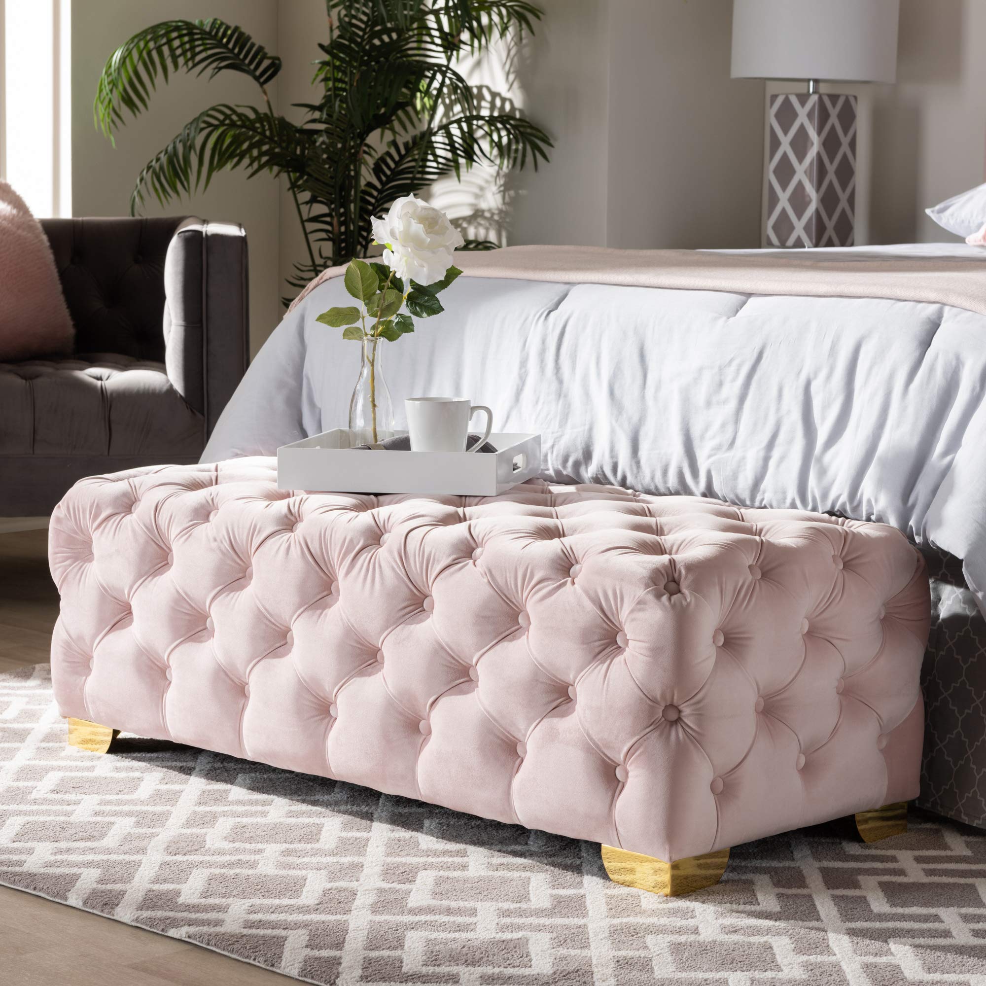 Baxton Studio Light Pink & Gold Ottoman with Storage - Modern Tufted Footrest Stool for Living Room, Bedroom, or Office Decor
