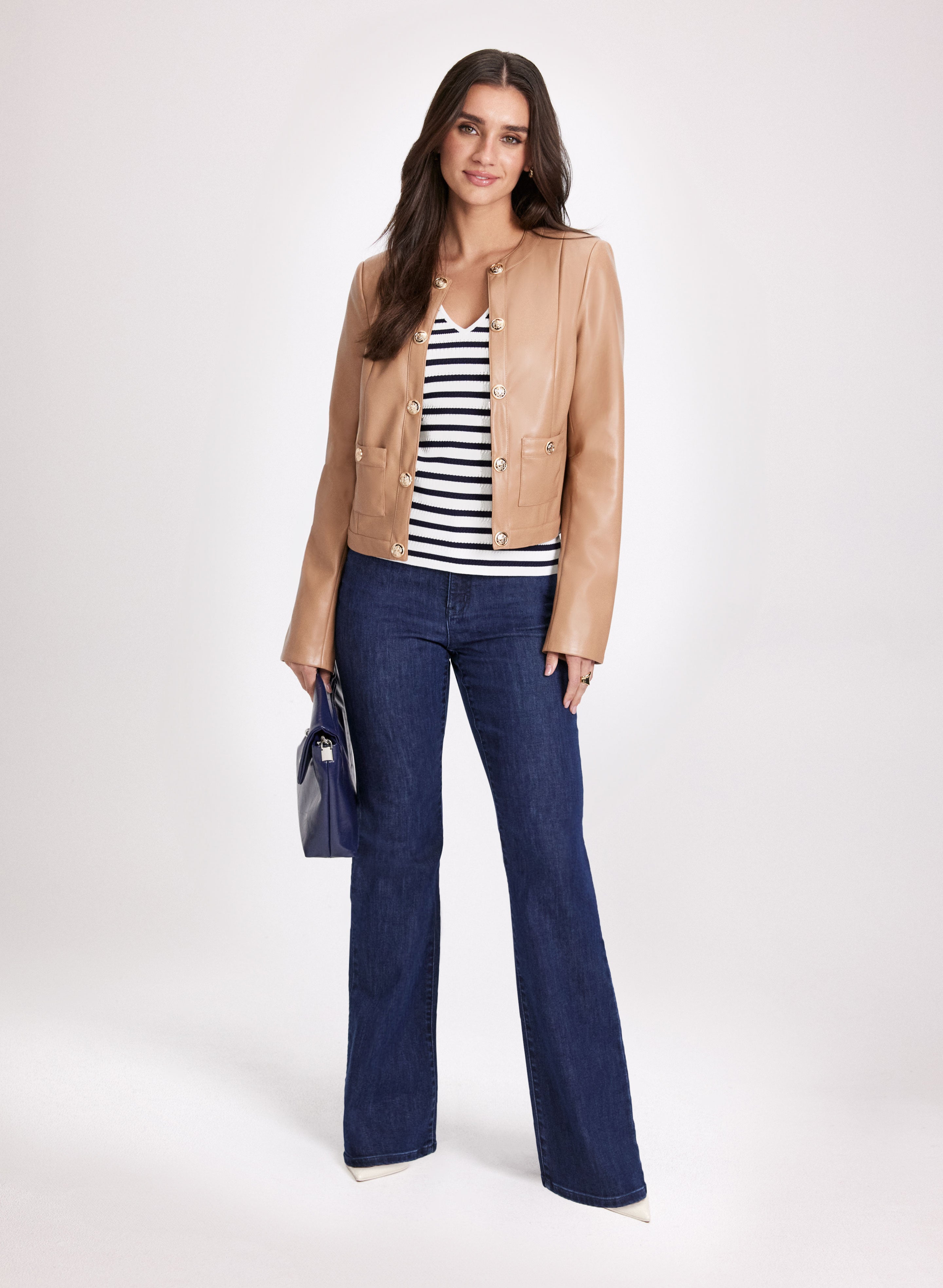 Vegan Leather Jacket with Button Front & Flare Leg Jeans for Women - Stylish Outfit for Casual Wear, Date Night, and Office Chic