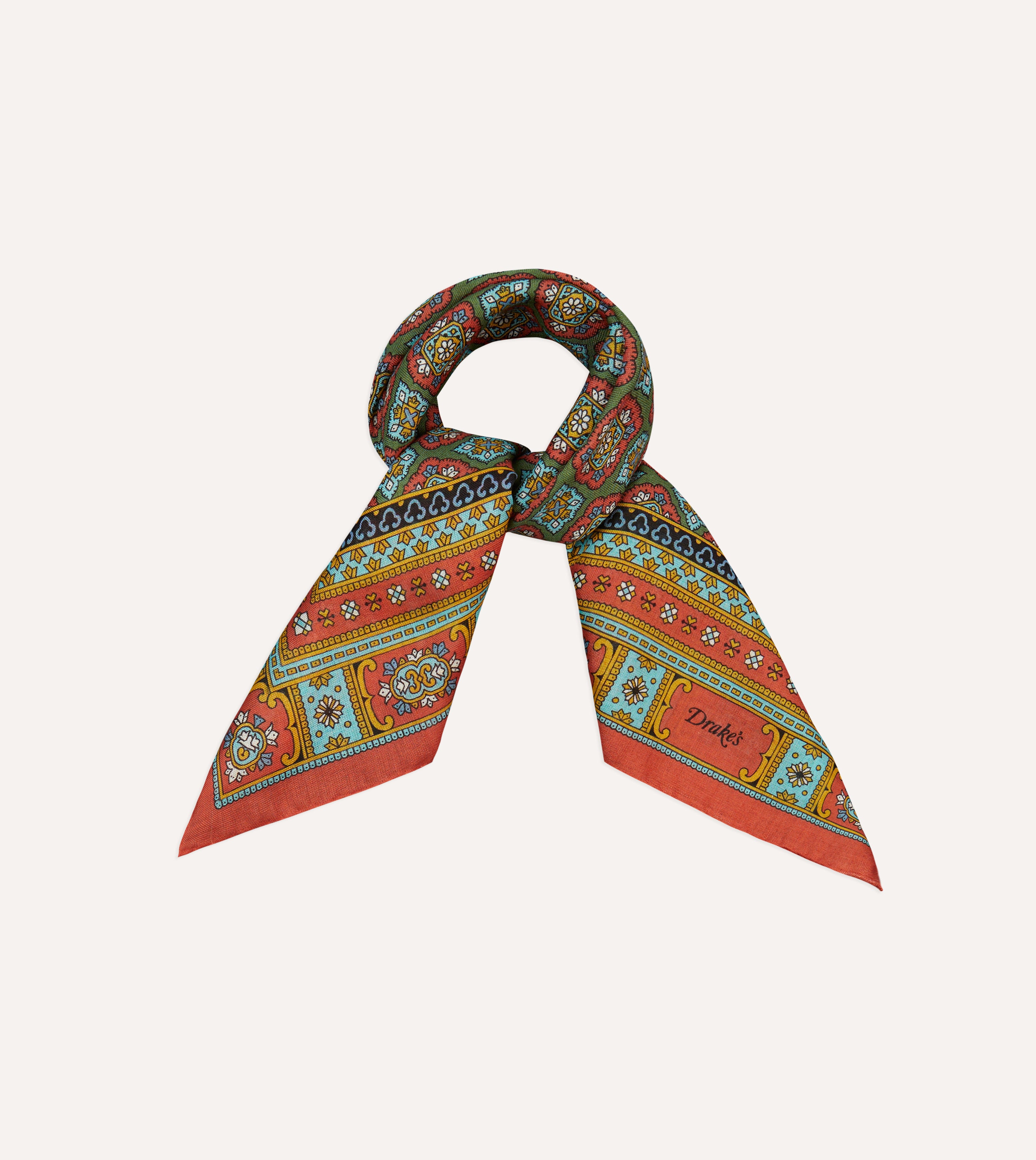 Red, Blue & Gold Floral Medallion Print Wool Silk Bandana Scarf - Stylish Hair Accessory & Neck Scarf for Women, Perfect for Boho Outfits, Festivals & Everyday Fashion