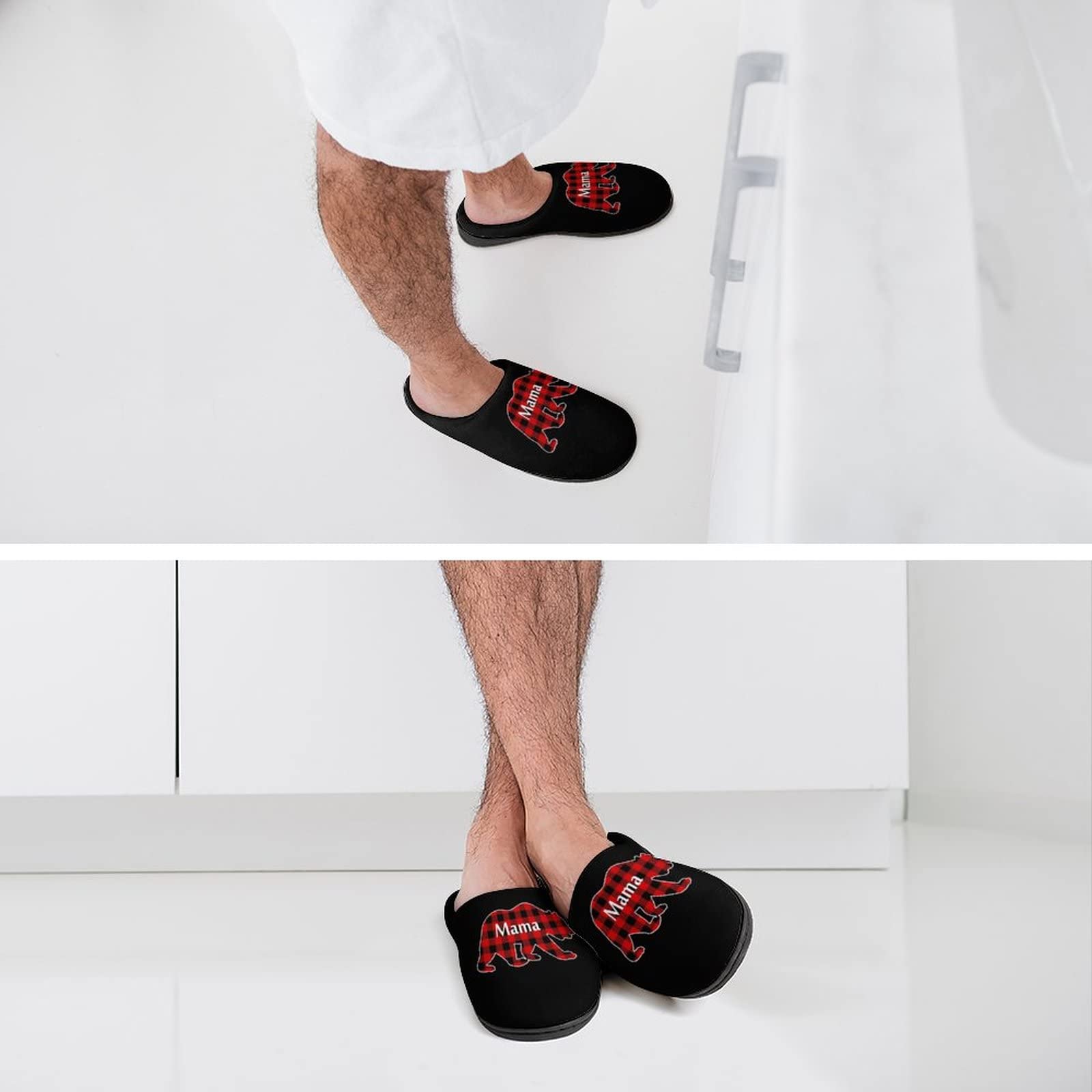 Plaid Mama Bear Men's Warm Non-Slip House Slippers - Cozy Indoor Shoes for Home, Travel, Spa & Hotel - Perfect for Winter Comfort and Relaxation