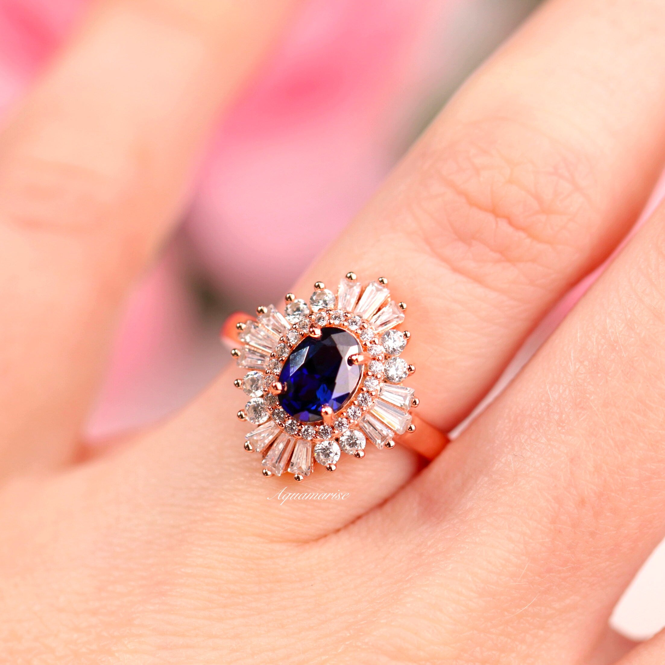 Victoria Sapphire Ring 14K Rose Gold Vermeil – Elegant Blue Gemstone Jewelry for Women, Perfect for Engagement, Wedding & Special Occasions