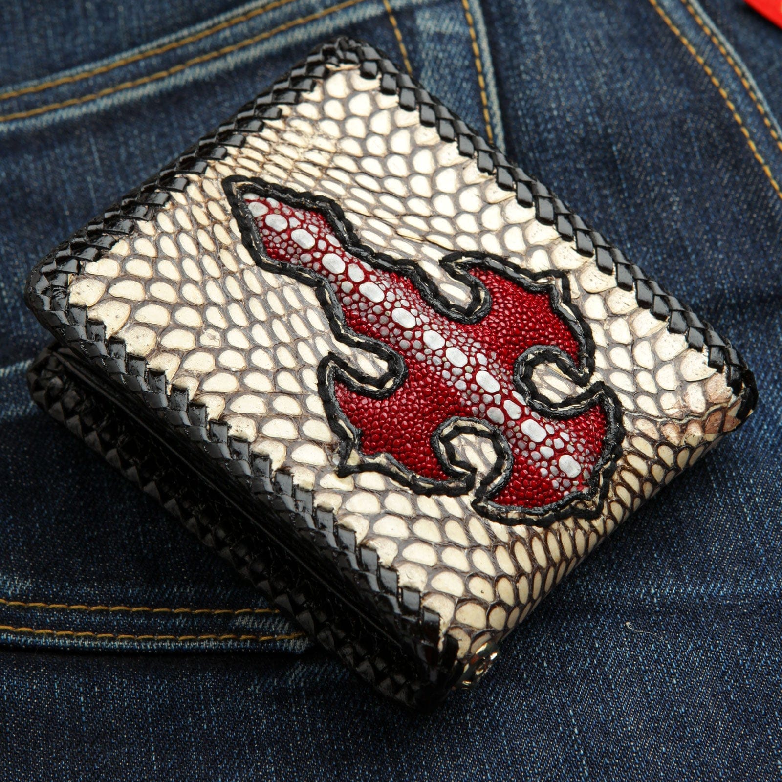 Genuine Snake Skin & Stingray Leather Biker Wallet for Men - Stylish RFID Blocking Motorcycle Wallet for Everyday Use & Travel
