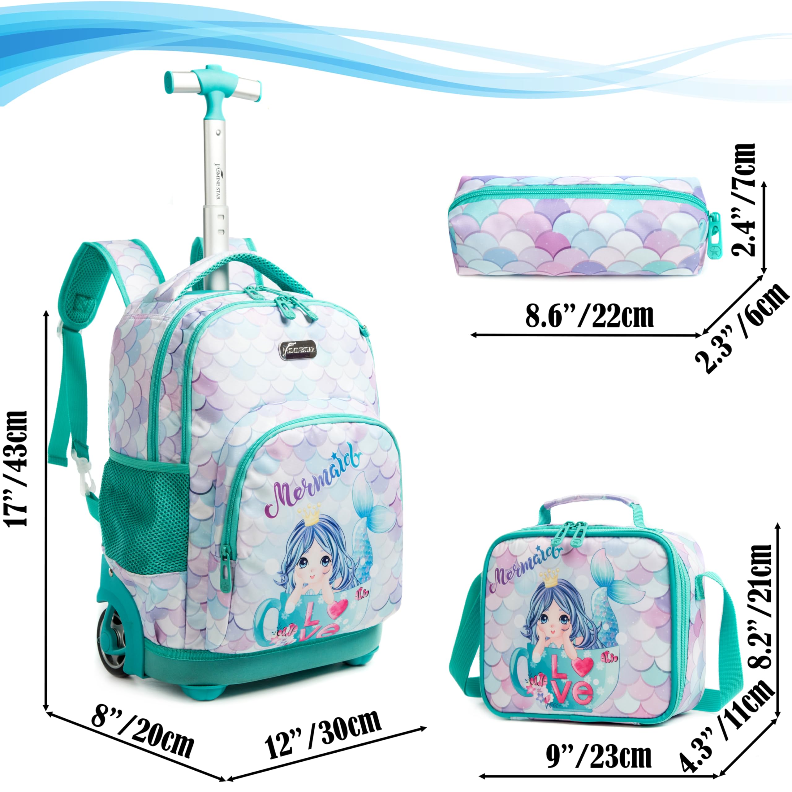 **Egchescebo Mermaid Rolling Backpack for Girls - Kids Wheeled Luggage & Travel Suitcase with Wheels, Toddler Bookbag for School, Lunch, and Elementary - Perfect for Travel, School, and Daily Use (Green)**