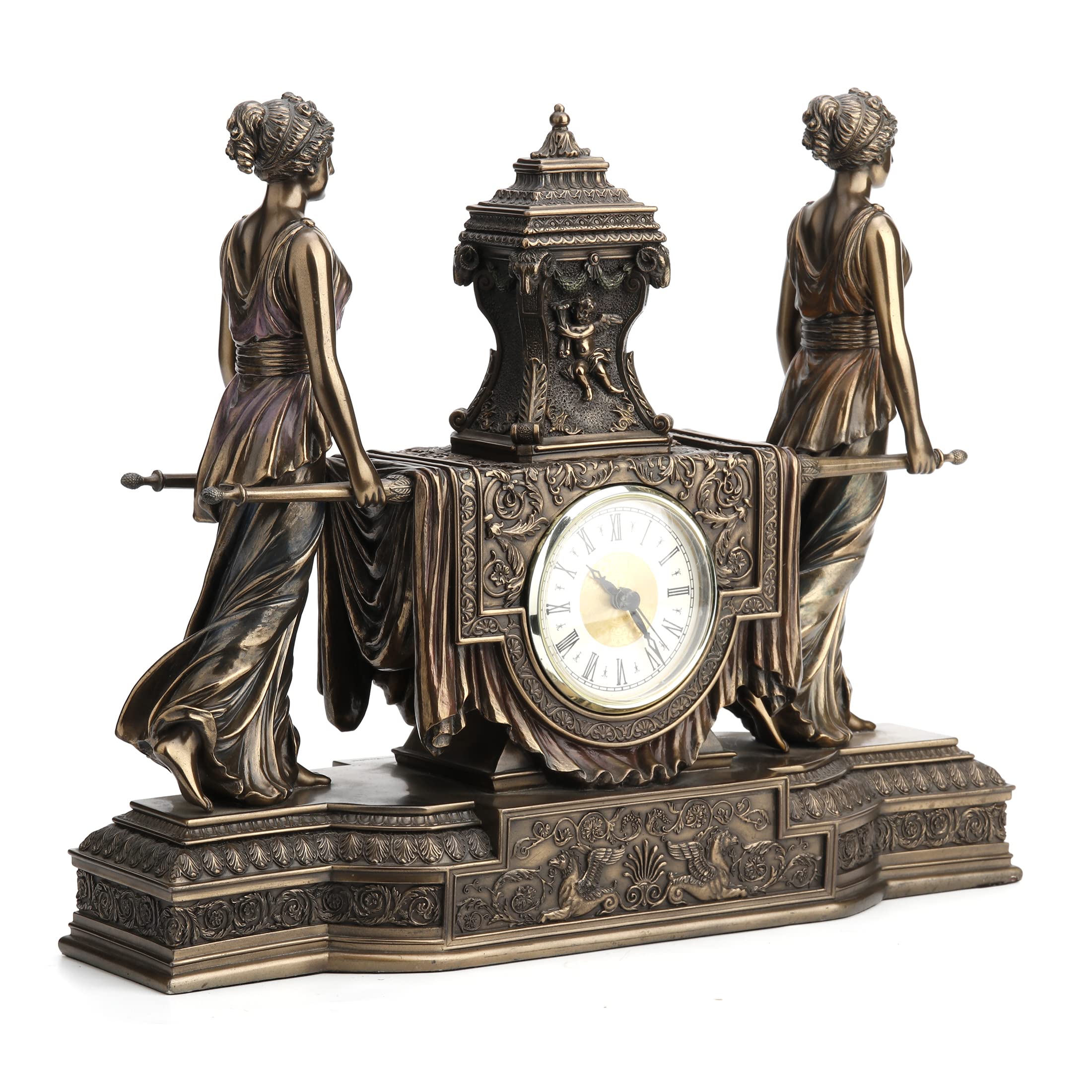 Unicorn Studio 12 Inch Tall Versailles Maidens Mantel Clock - Bronze Finish Resin Sculpture for Home Decor, Gift & Collectible | Perfect for Living Room, Office or Mantel Display