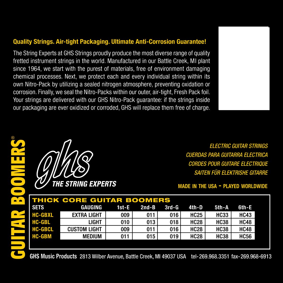 GHS HC-GBCL Thick Core Boomers Custom Light Electric Guitar Strings (9-48 Gauge) - Perfect for Rock, Blues & Studio Recording