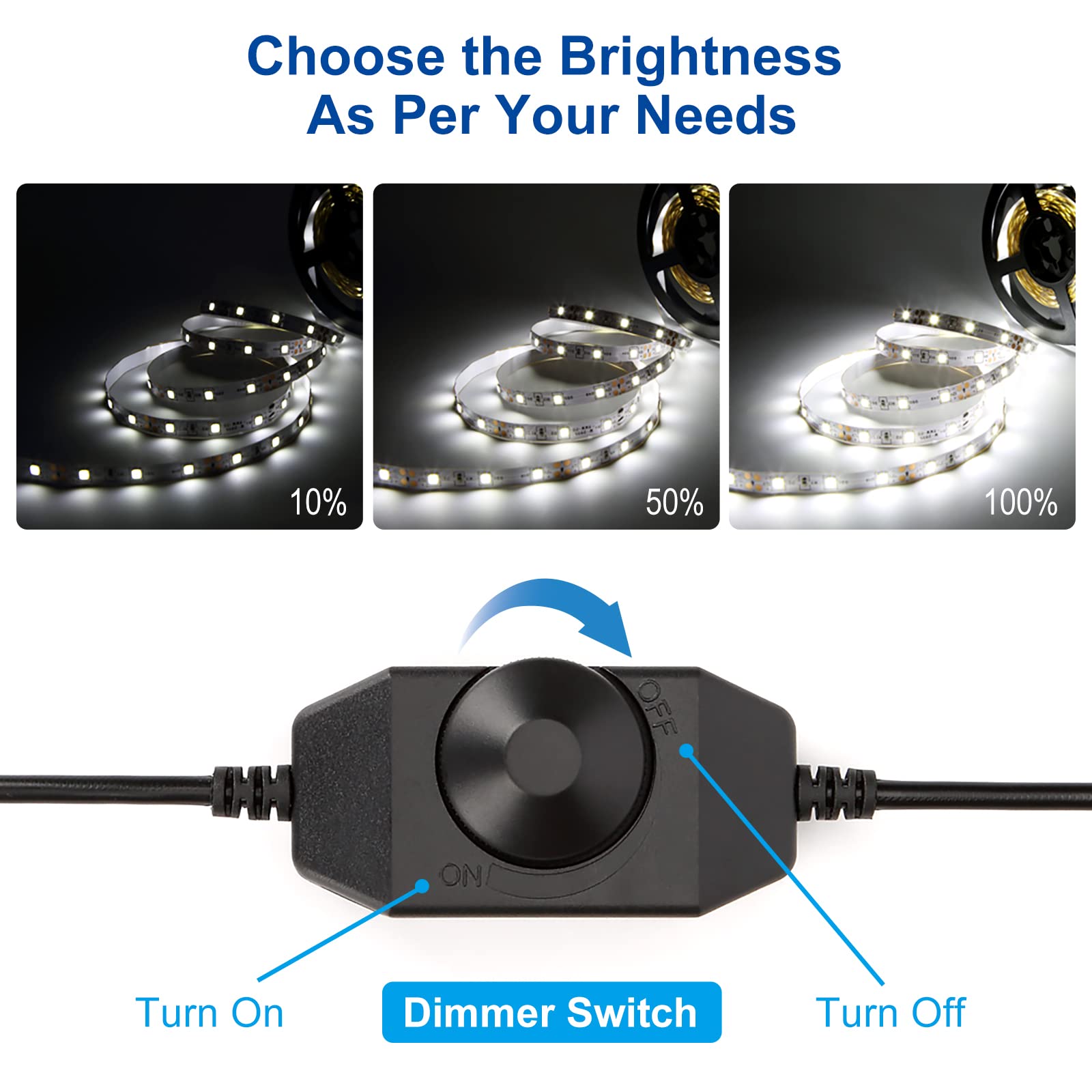KOPMHYE 5M Dimmable LED Strip Lights Kit - 12V Flexible Tape Light with 300 2835 LEDs, 16.4ft 6000K Daylight White Ribbon & Power Adapter - Perfect for Under Bed Lighting, Vanity Mirror, Cabinet, Home Decor (Non-Waterproof)