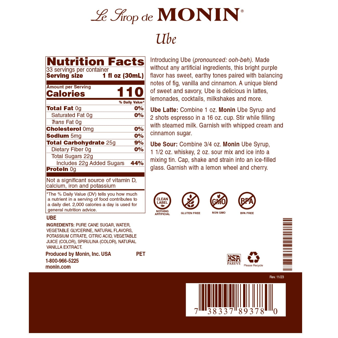 Monin Ube Syrup - Premium Purple Yam Flavoring for Cocktails, Coffee, Desserts & Baking | Vegan, Gluten-Free & Non-GMO | Perfect for Boba Tea, Pancakes & Filipino Recipes