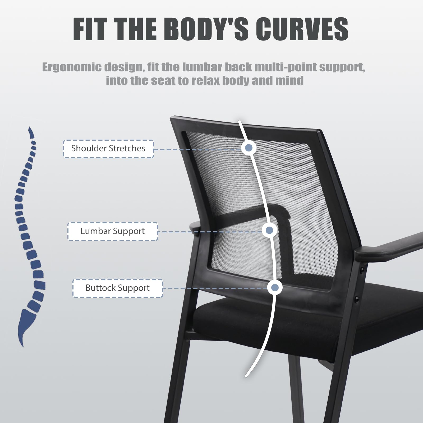 Ergonomic Arm Chair with Lumbar Support - No Wheels Desk Chair with Thickened Seat Cushion - 4 Pack Black Waiting Room Chairs for Office, School, Church & Guest Reception - Perfect for Conference Rooms, Home Offices, and Waiting Areas