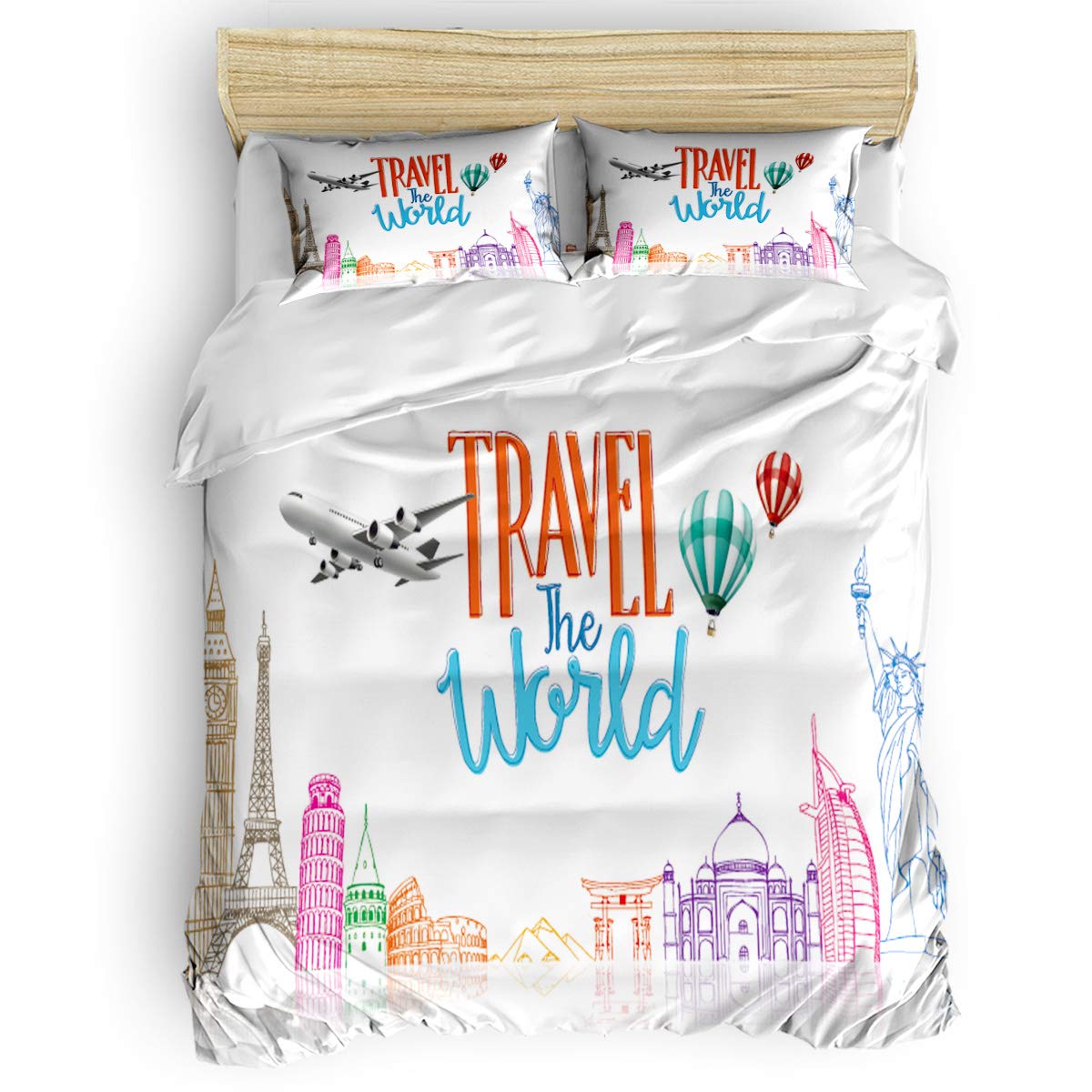 Ultra Soft 4-Piece King Size Duvet Cover Set with World Travel Print - Includes Duvet Cover, Flat Sheet & Pillow Shams for Kids, Teens & Adults - Perfect for Cozy Bedrooms, Guest Rooms & Dorm Decor