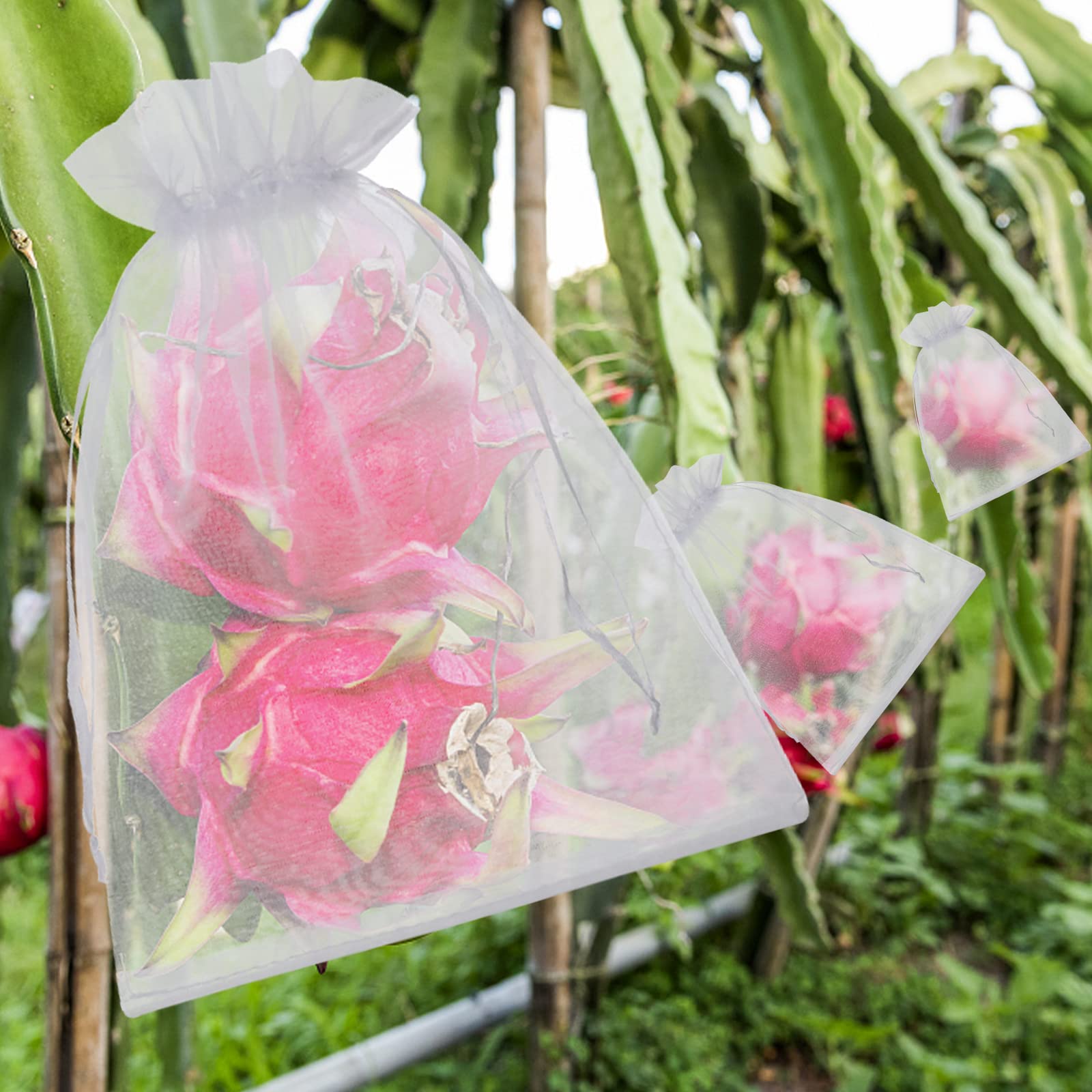 50 Pcs 8x12 Inch White Fruit Protection Bags with Drawstring - Breathable Mesh Netting Bags for Grapes, Mangoes, Apples & Garden Vegetables - Perfect for Organic Farming, Pest Control & Tree Protection