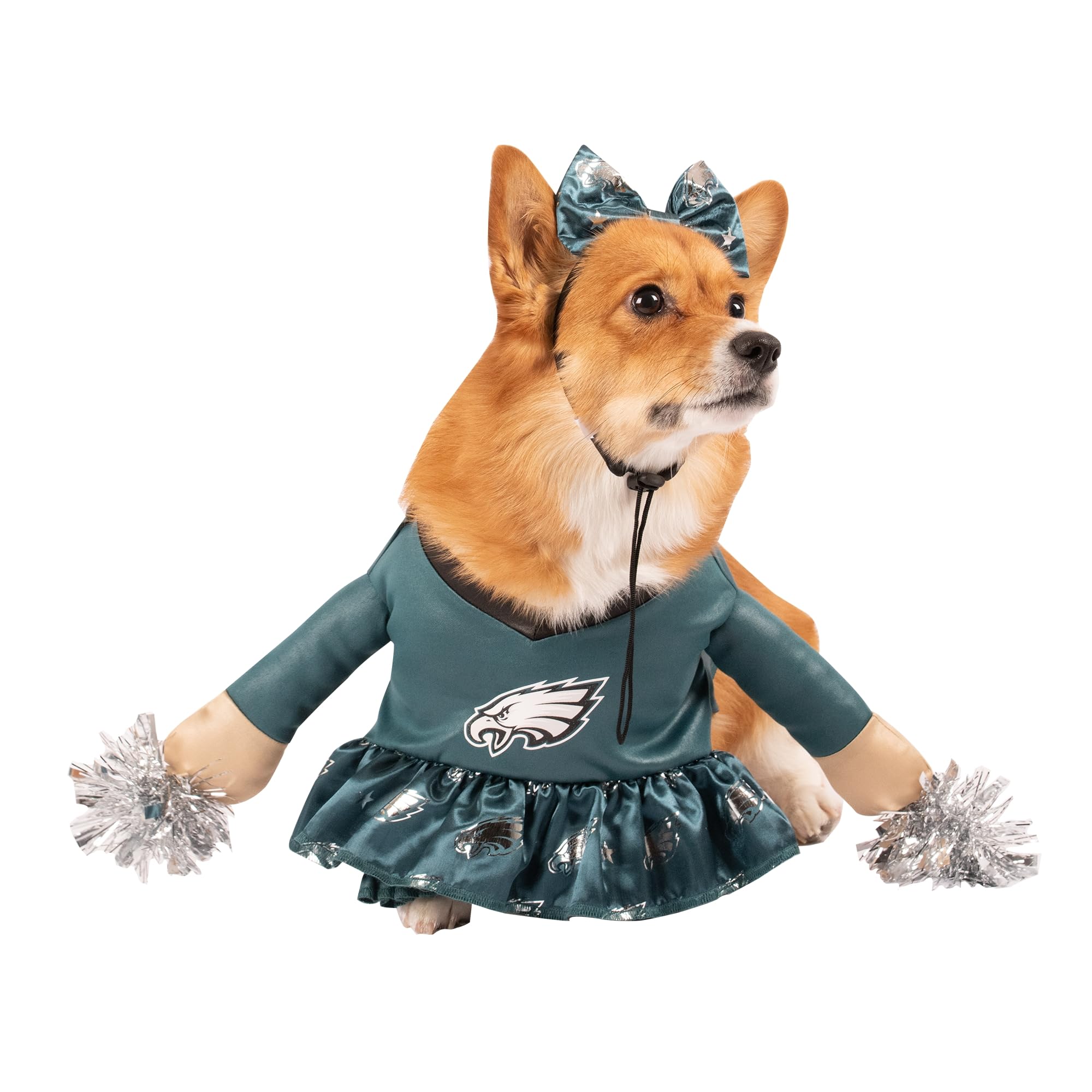 Philadelphia Eagles NFL Officially Licensed Cheer Dog Costume - Dress with Faux Stuffed Arms, Tinsel Pom-Poms & Satin Bow Headband, Size L - Perfect for Game Day, Pet Parades & Photo Shoots