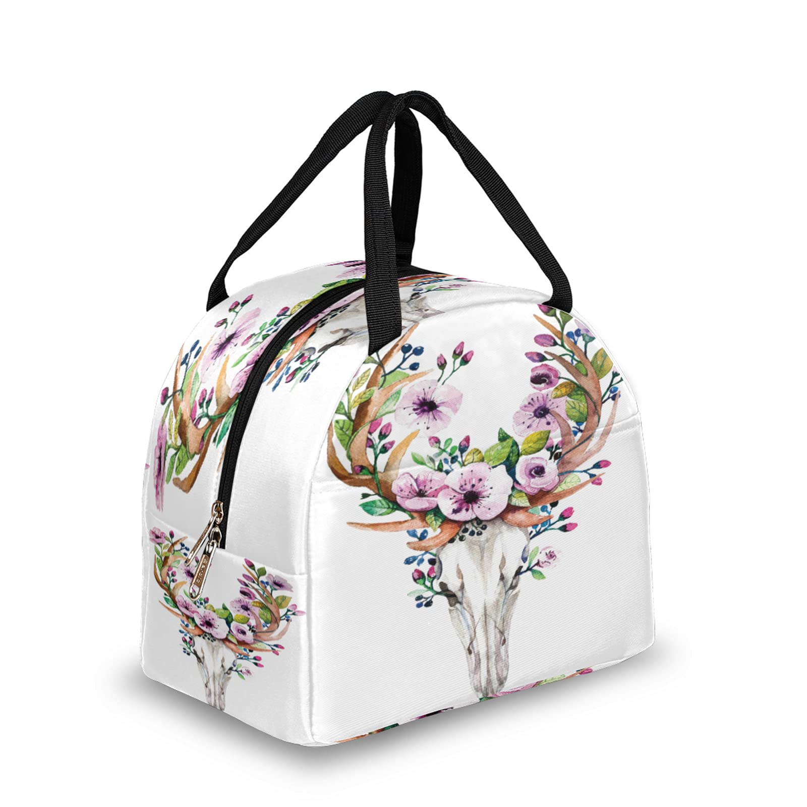 Insulated Reusable Lunch Bag for Women - Durable Water-Resistant Cooler Tote with Antlers Flower Skull Design, Perfect for Work, College, Picnic, Beach, Park, School & Office
