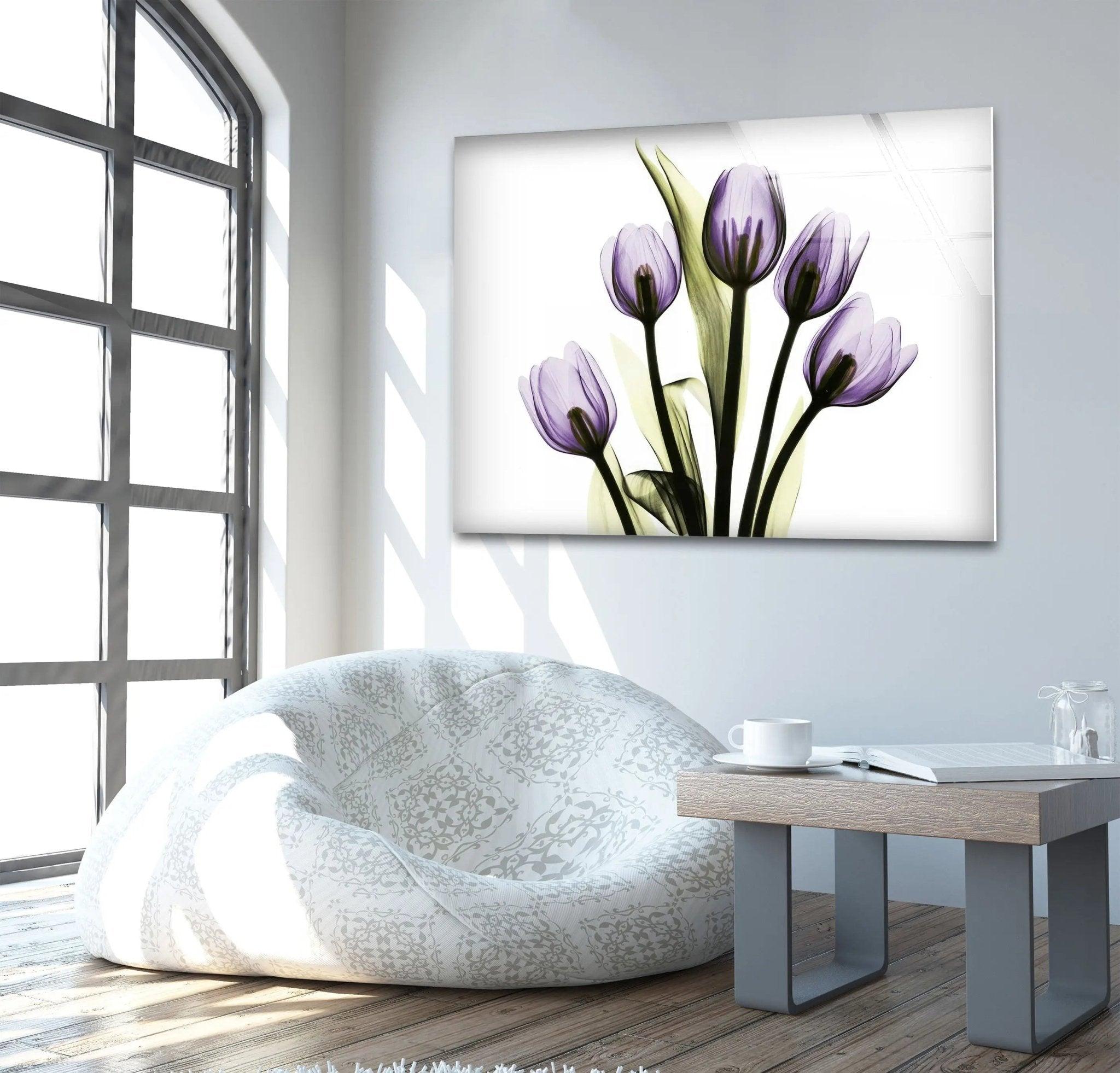 Albert Koetsier Xray Five Tulips In Purple Glass Wall Art - Modern Floral Canvas Print for Living Room, Bedroom & Office Decor