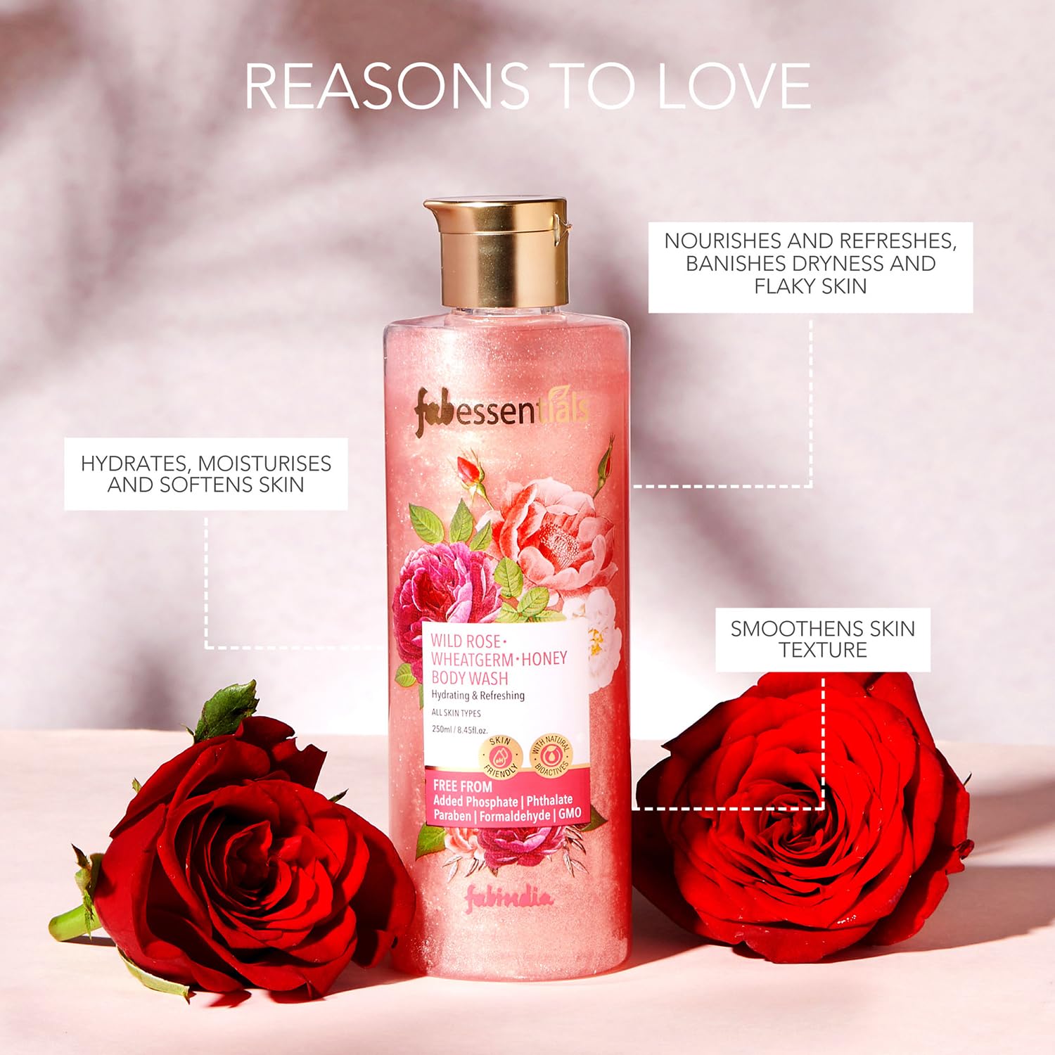 Fabessentials Wild Rose Wheatgerm Honey Body Wash 250ml - Almond Oil & Honey Extract for Gentle Cleansing | Hydrating & Moisturizing Body Lotion for Soft, Bright Skin | Deep Nourishing Shower Gel for Dry Skin - Perfect for Daily Use & Spa Relaxation at Home