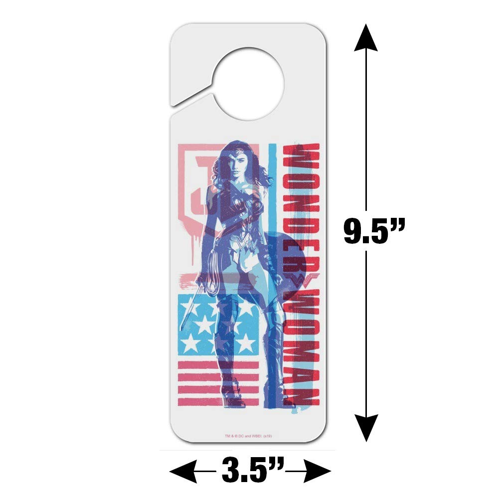 Justice League Movie Wonder Woman USA Flag Plastic Door Knob Hanger Sign - Superhero Home Decor for Bedroom, Office & Comic Book Fan Gifts