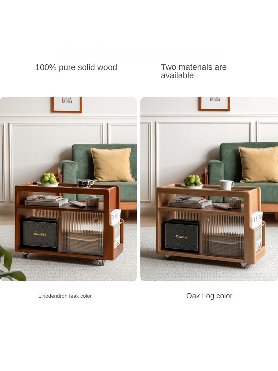 Solid Wood Mobile Glass Side Table - Oak, Poplar, Black Walnut - Perfect for Living Room, Bedroom or Office Use