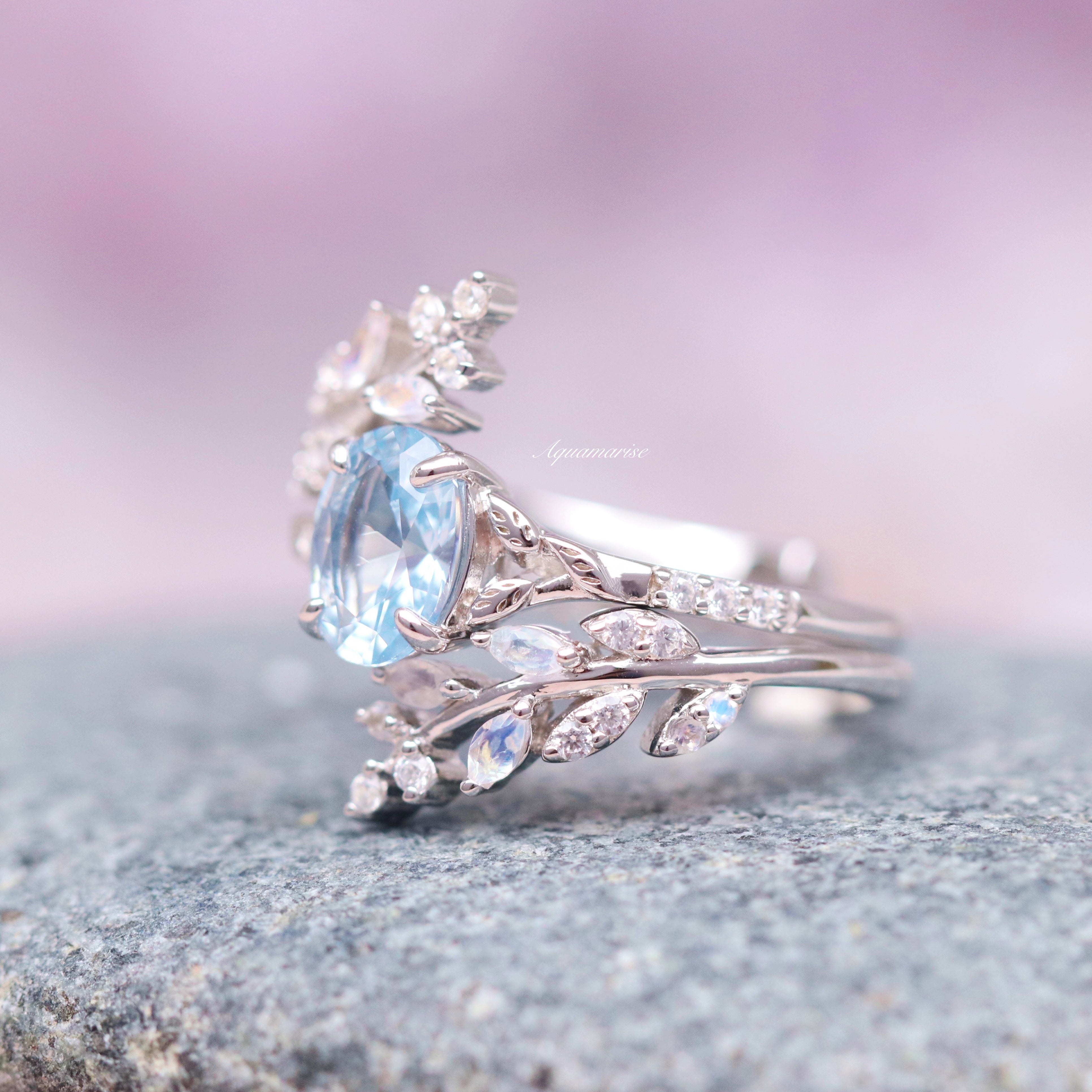 Aquamarine & Moonstone Fairy Leaf Ring Set - Sterling Silver Jewelry for Women, Boho Nature-Inspired Rings, Perfect for Weddings, Parties & Everyday Wear