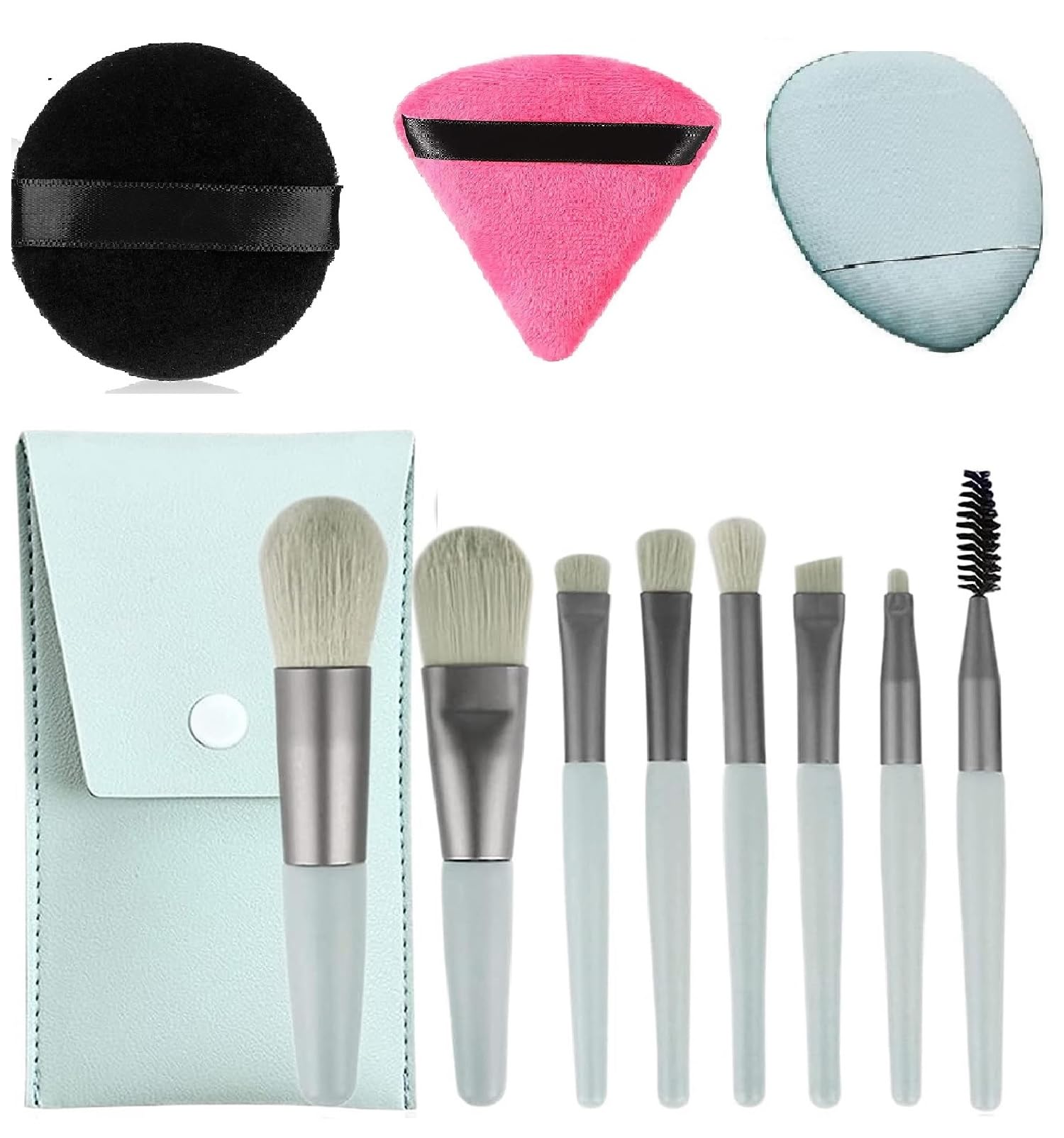 Beautiflame 8-Piece Makeup Brush Set with Pouch, Powder Puff & Sponge - Sky Blue Cosmetic Brush Kit for Foundation, Blush & Contouring | Perfect for Professional Makeup Artists & Beginners