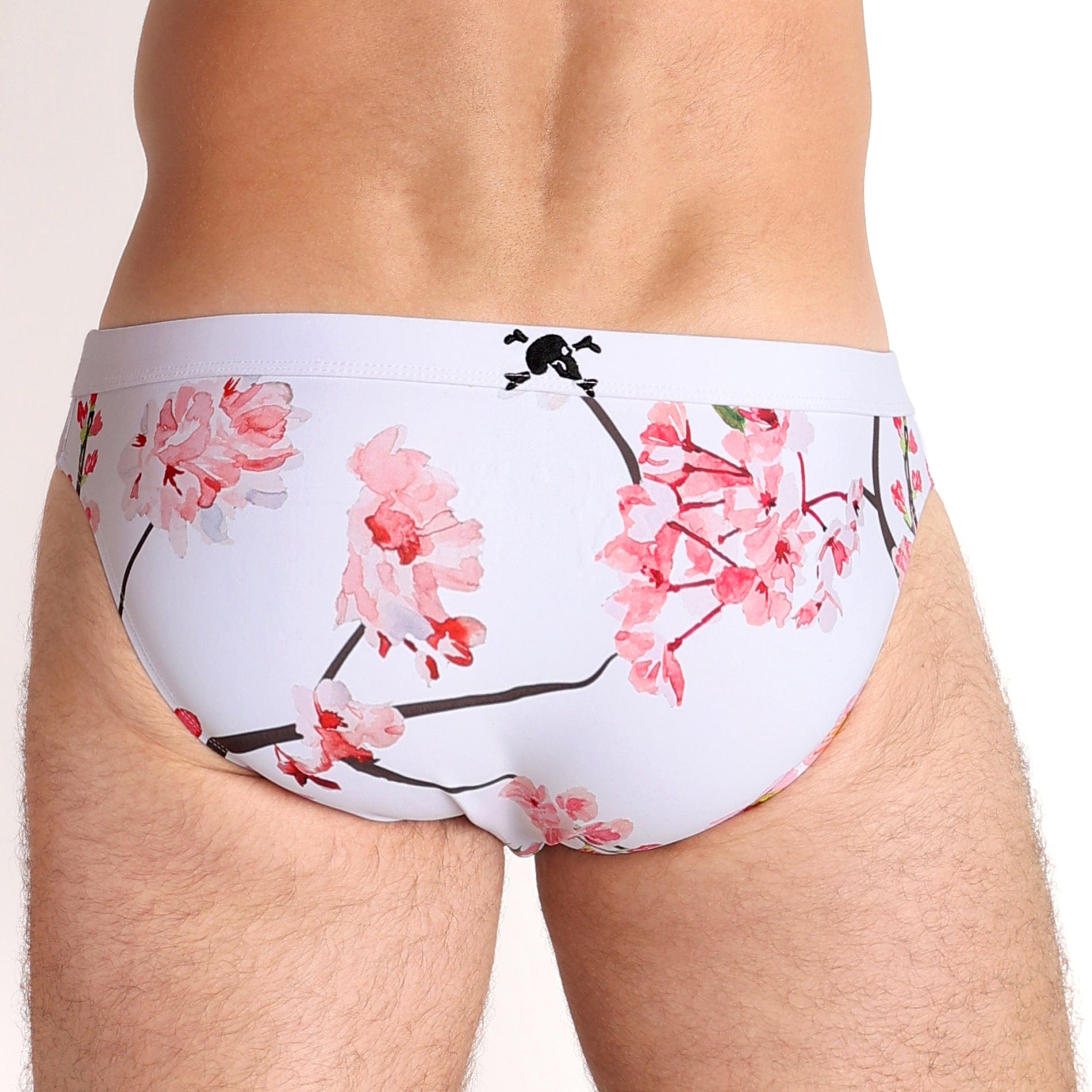 Cherry Blossom Print White Swim Briefs for Men - High Waisted Comfortable Beach Swimwear for Pool, Vacation & Summer Activities