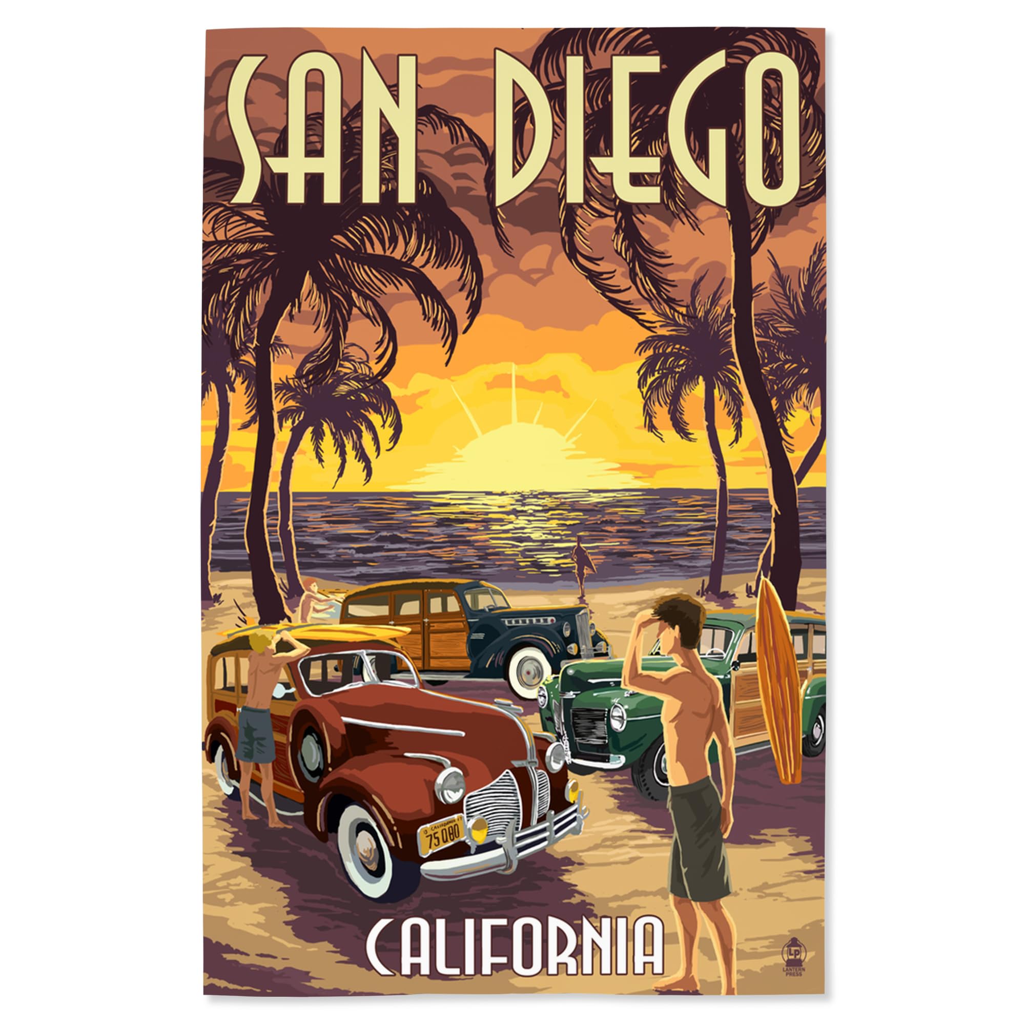 Lantern Press 16x24 Inch Giclee Art Print - San Diego California Beach Woodies Wall Decor - Perfect for Coastal Home, Office & Gift Giving