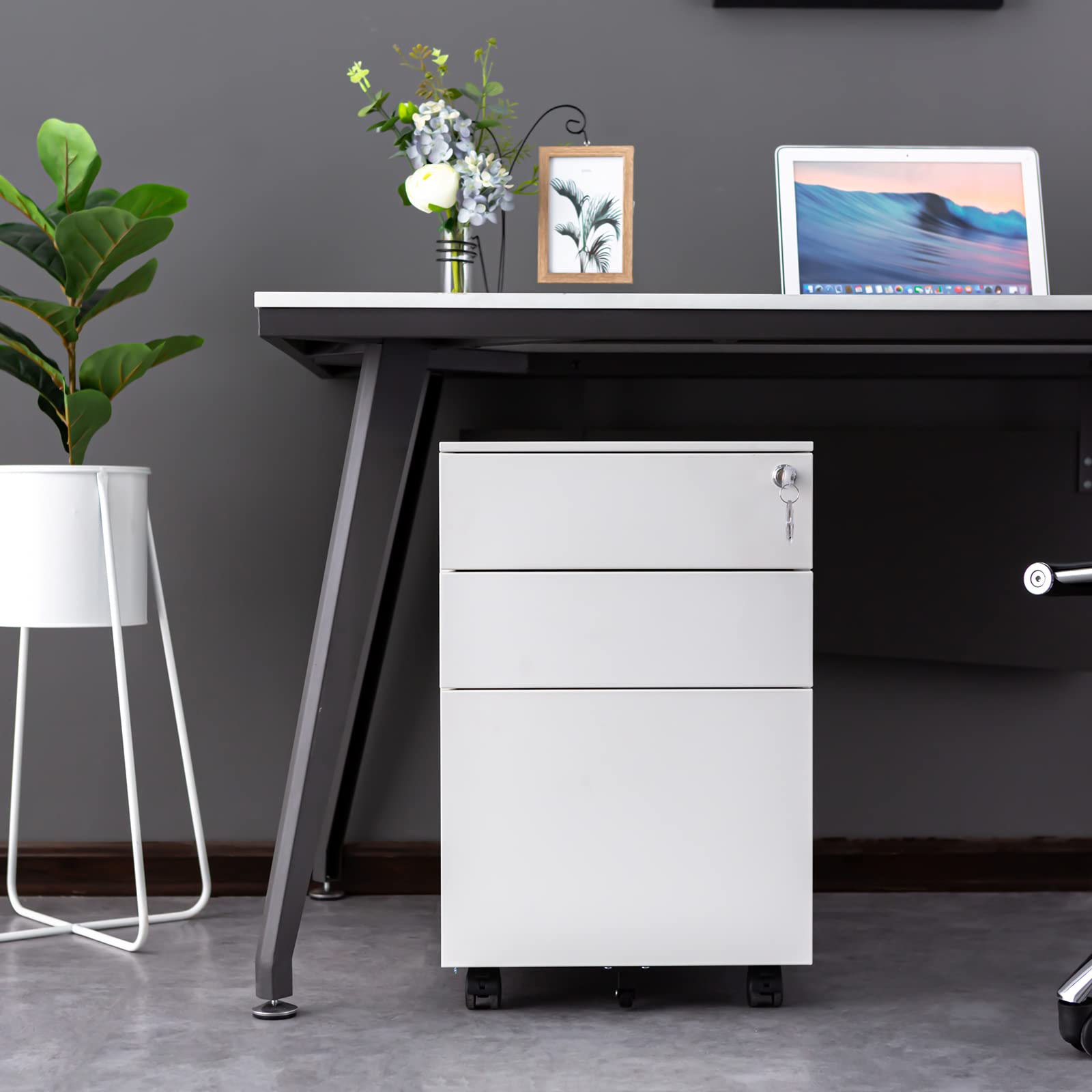 3-Drawer Metal File Cabinet with Lock & Wheels - Large Under Desk Storage for Office & Home - Fully Assembled White Filing Cabinet - Perfect for Organizing Documents, Files & Office Supplies