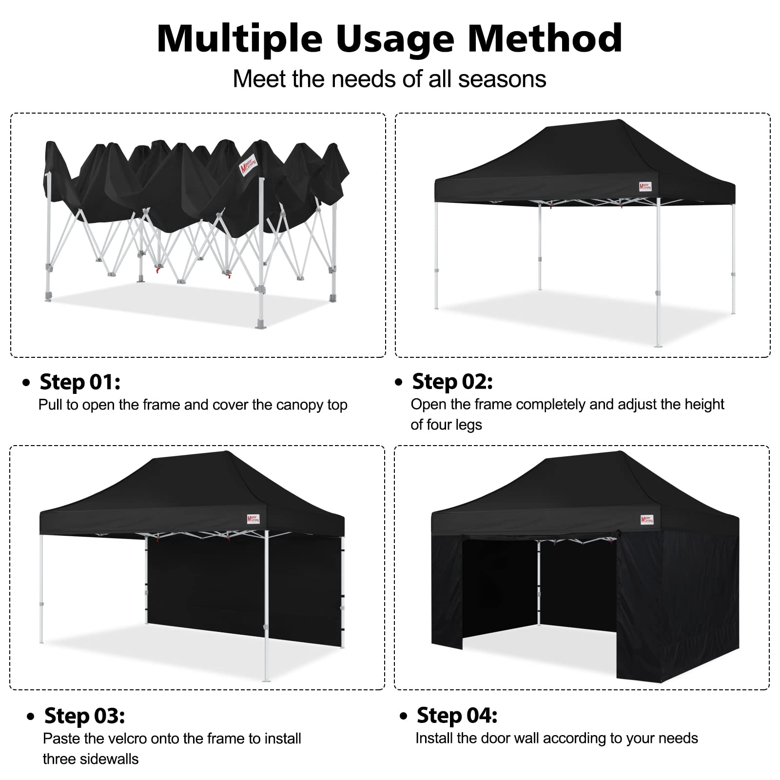 MASTERCANOPY 10x15 Premium Heavy Duty Commercial Pop Up Canopy Tent with Sidewalls - Waterproof Instant Shelter for Outdoor Events, Farmers Markets, Camping & Backyard Parties (10x15 Black)