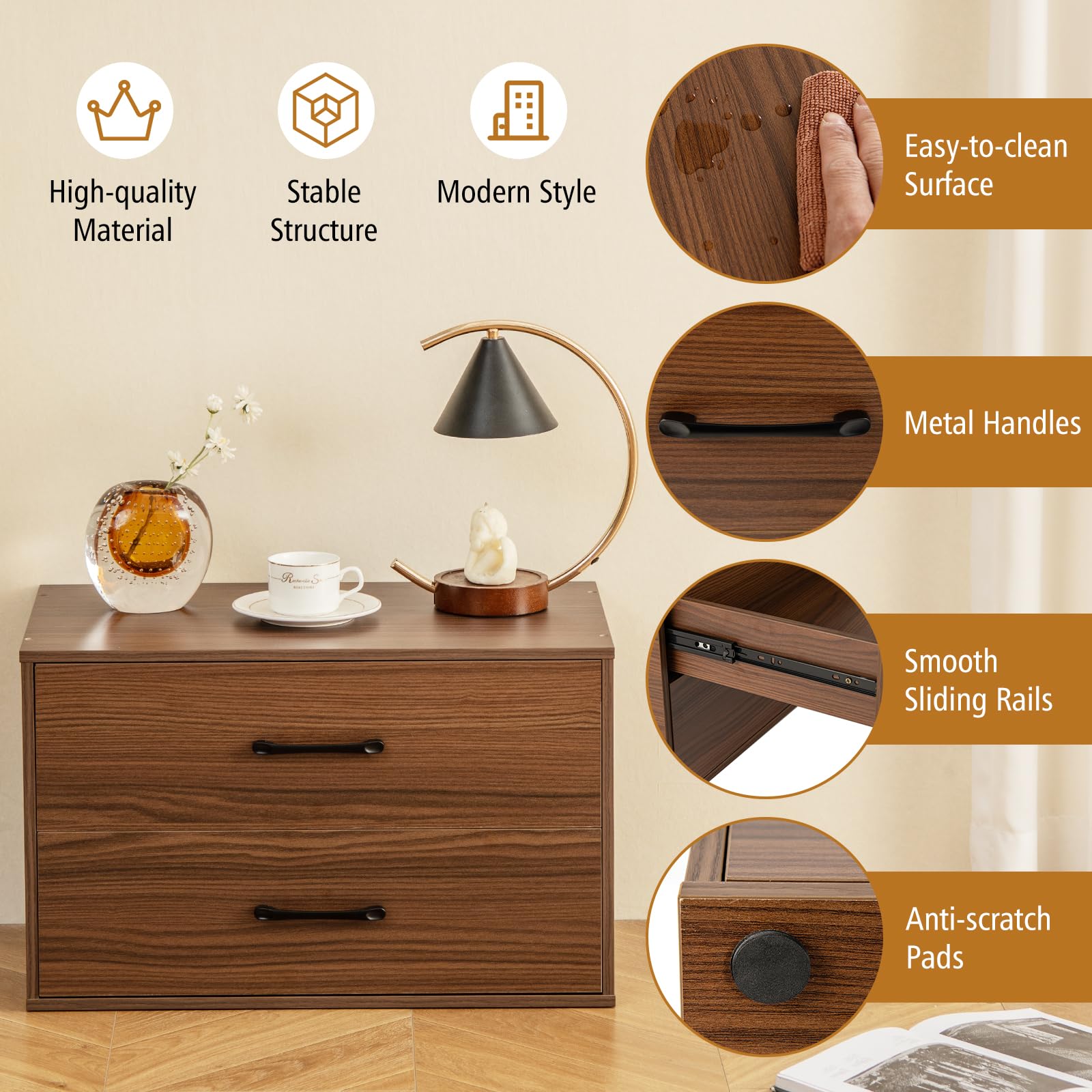 Giantex 2-Drawer Stackable Storage Cube Organizer with Handles - Horizontal Dresser Tower for Bedroom, Living Room, Office & Closet - Brown Wooden Storage Furniture for Home Organization & Space Saving