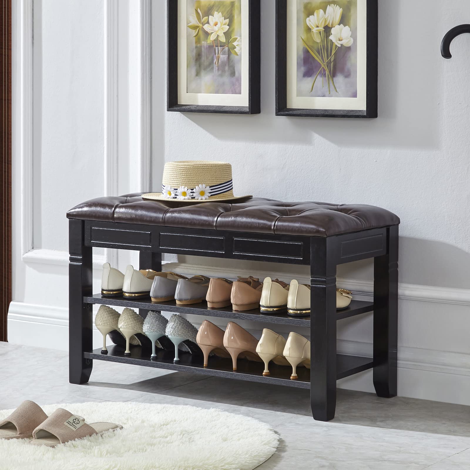 LEILISI 2-Tier Shoe Bench with Cushion & Lift Top Storage | Wooden Entryway Shoe Organizer for Living Room, Bedroom & Hallway (Black, 31.5