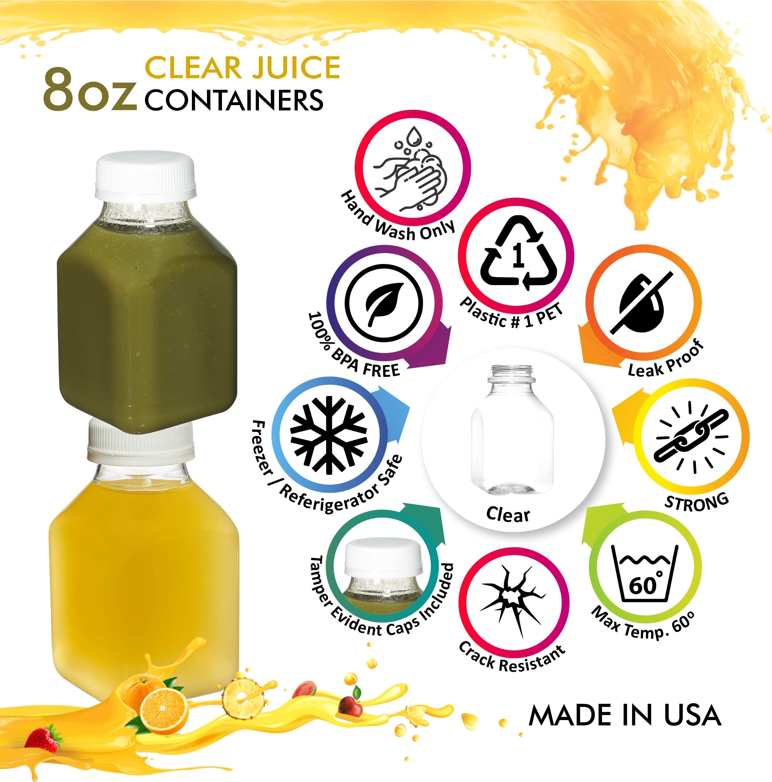 EcoQuality 8oz Clear Plastic Juice Bottles with Tamper Evident Caps - BPA Free Smoothie & Beverage Containers for Juicing, Meal Prep, Picnics, Restaurants (100 Pack) | Perfect for Cold Pressed Juices, Homemade Smoothies & Takeout Drinks