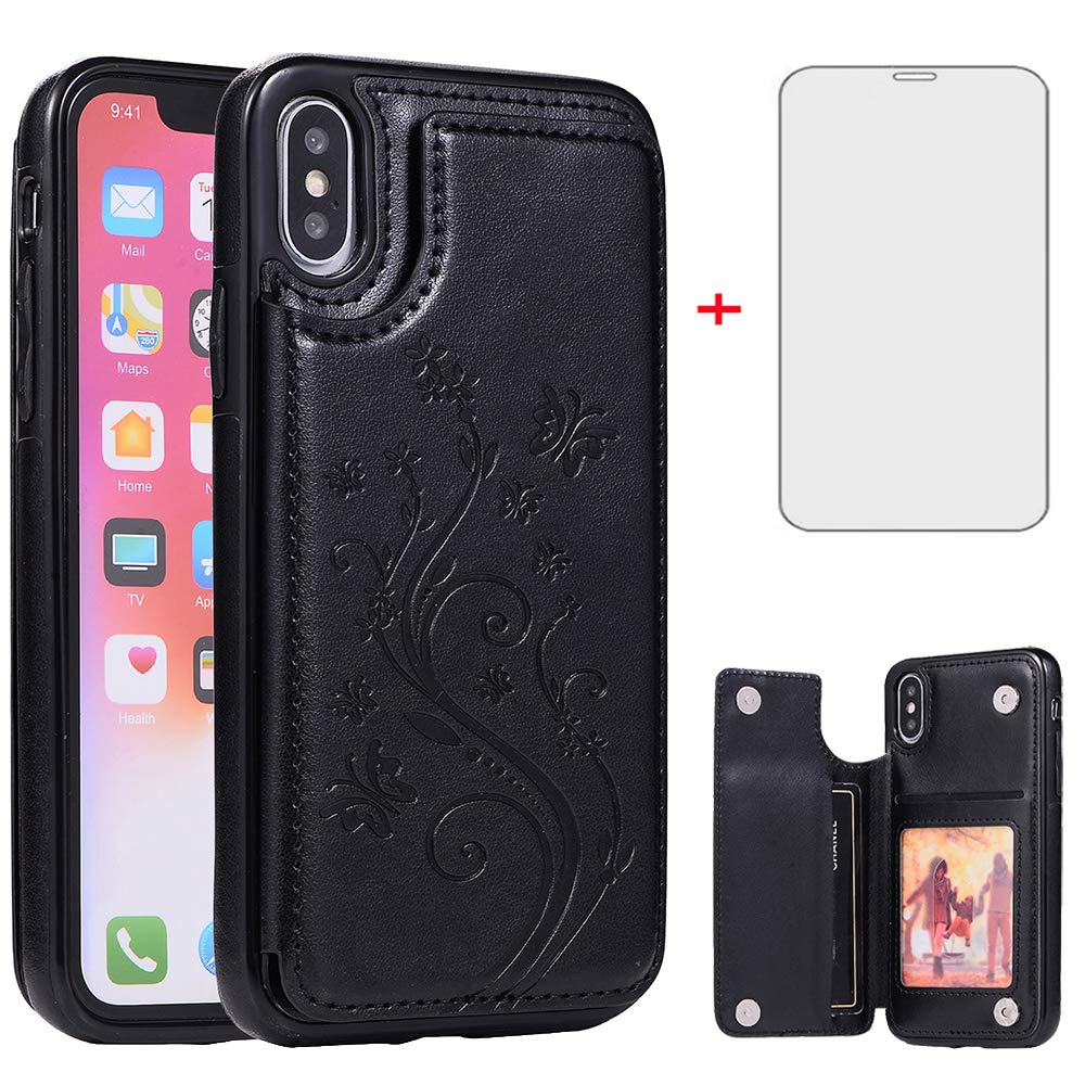 Premium Leather Wallet Phone Case for iPhone X/Xs/10 with Tempered Glass Screen Protector - Card Holder & Stand Cover for Women & Men (Black) - Perfect for Work, Travel & Everyday Use