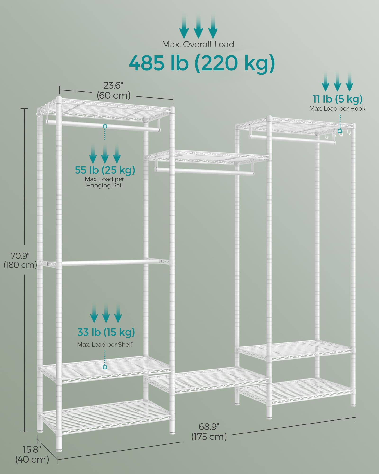 SONGMICS Heavy Duty Portable Wardrobe Closet - Freestanding Clothes Rack Organizer with Adjustable Metal Frame, Wire Shelves & Hanging Rods | Perfect for Bedroom, Closet Organization, Dorm Room & Small Spaces | Cloud White ULGR431W01