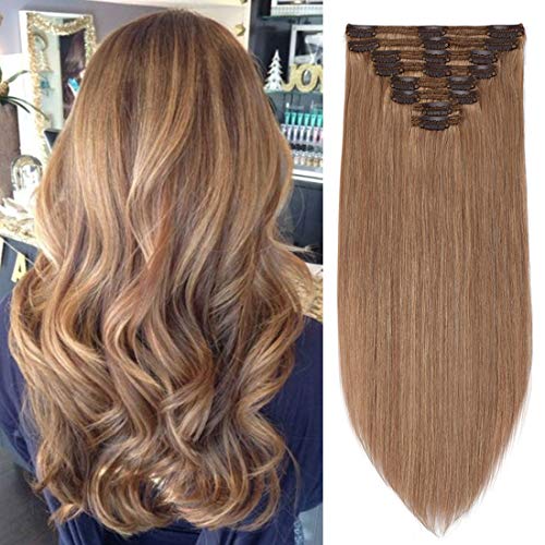 S-noilite 100% Real Human Hair Clip-In Extensions - 8pc Double Weft Set, 18 Clips, 22 Inch, Dark Blonde (#27), 160g - Straight & Silky for Volume & Length | Perfect for Parties, Weddings & Daily Styling