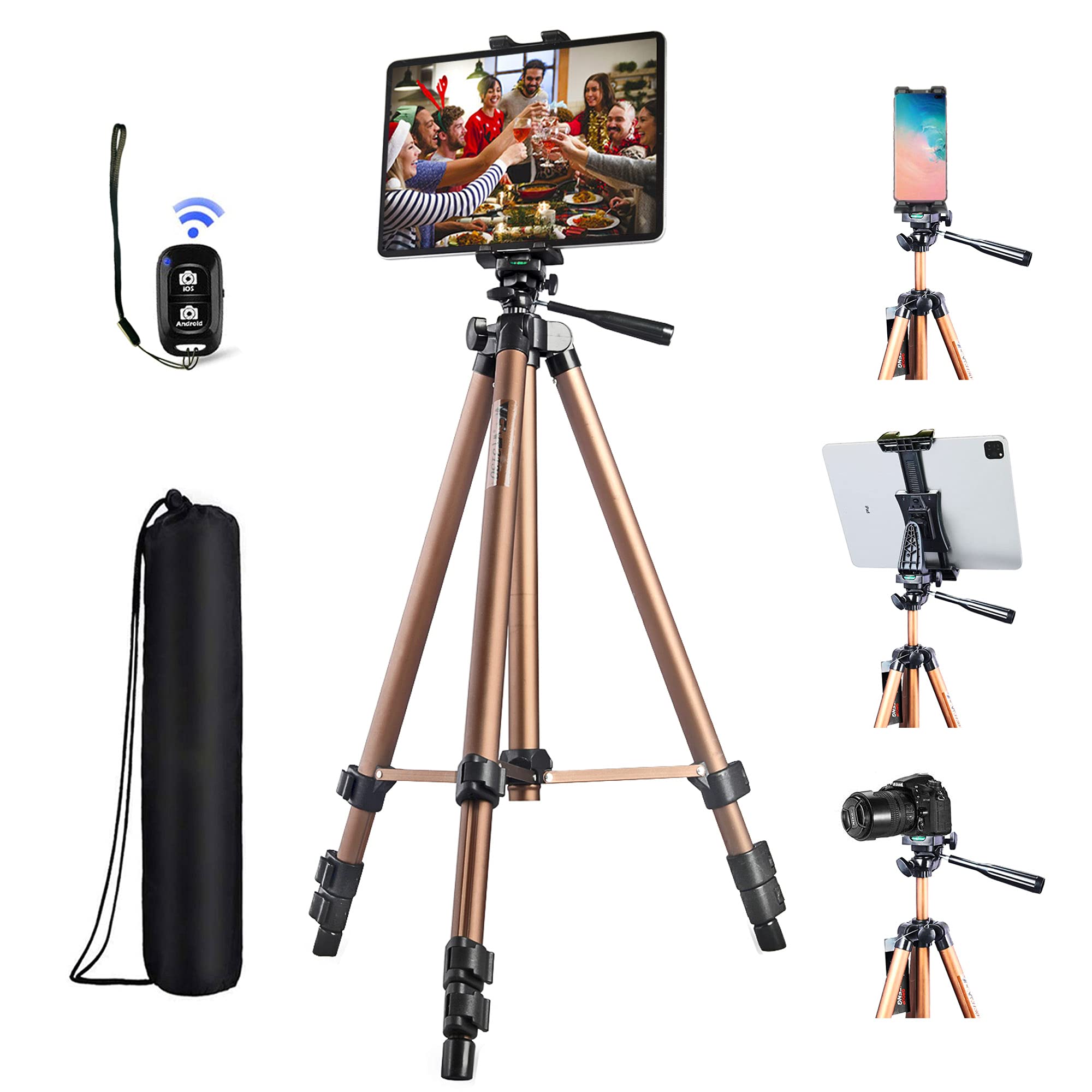 Universal Tablet Tripod Stand with Bluetooth Remote - 51in Lightweight Adjustable Phone Mount Holder for iPad Pro 12.9/11/10.5, iPad Air/Mini, Surface Pro, Galaxy Tab & 3.5-13.5