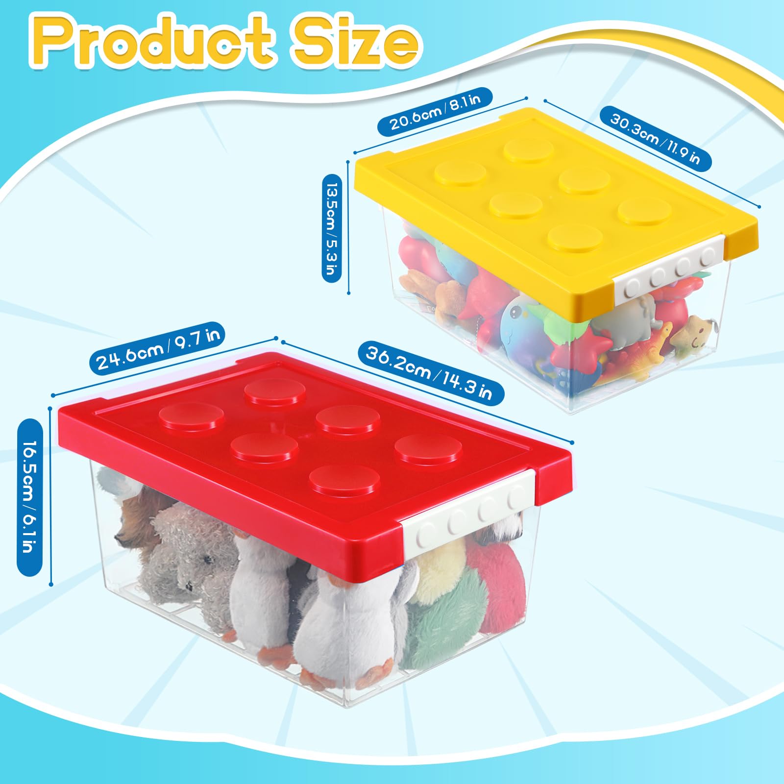 Vicenpal 4 Pack Brick Shaped Toy Storage Containers with Lids - Clear Plastic Stackable Organizer Bins for Kids Building Blocks, Dolls & Toys (Large & Small, Red, Yellow, Blue, Green) - Perfect for Playroom, Nursery & Classroom Organization