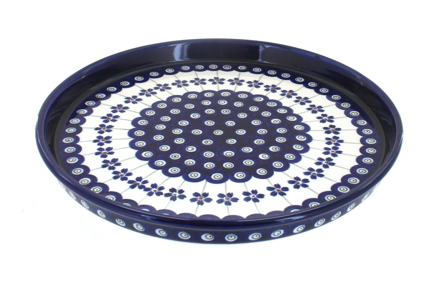Hand-Painted Blue Rose Polish Pottery Peacock Design Torte Plate - Elegant Serving Dish for Tea Parties, Weddings & Special Occasions