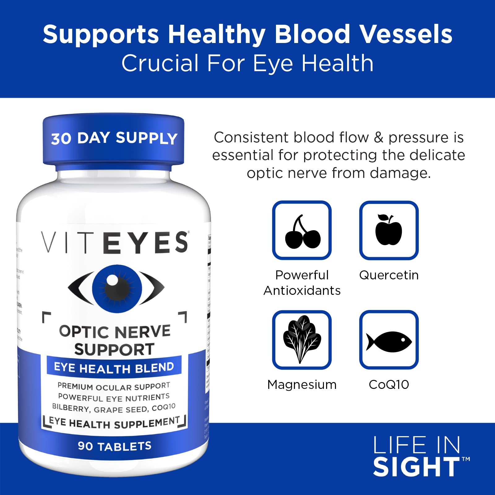 Viteyes Optic Nerve Support Supplement - Premium Ocular Nutrition Blend with Lutein & Zeaxanthin, 90 Tablets for Eye Health & Vision Support - Ideal for Computer Users & Aging Eyes