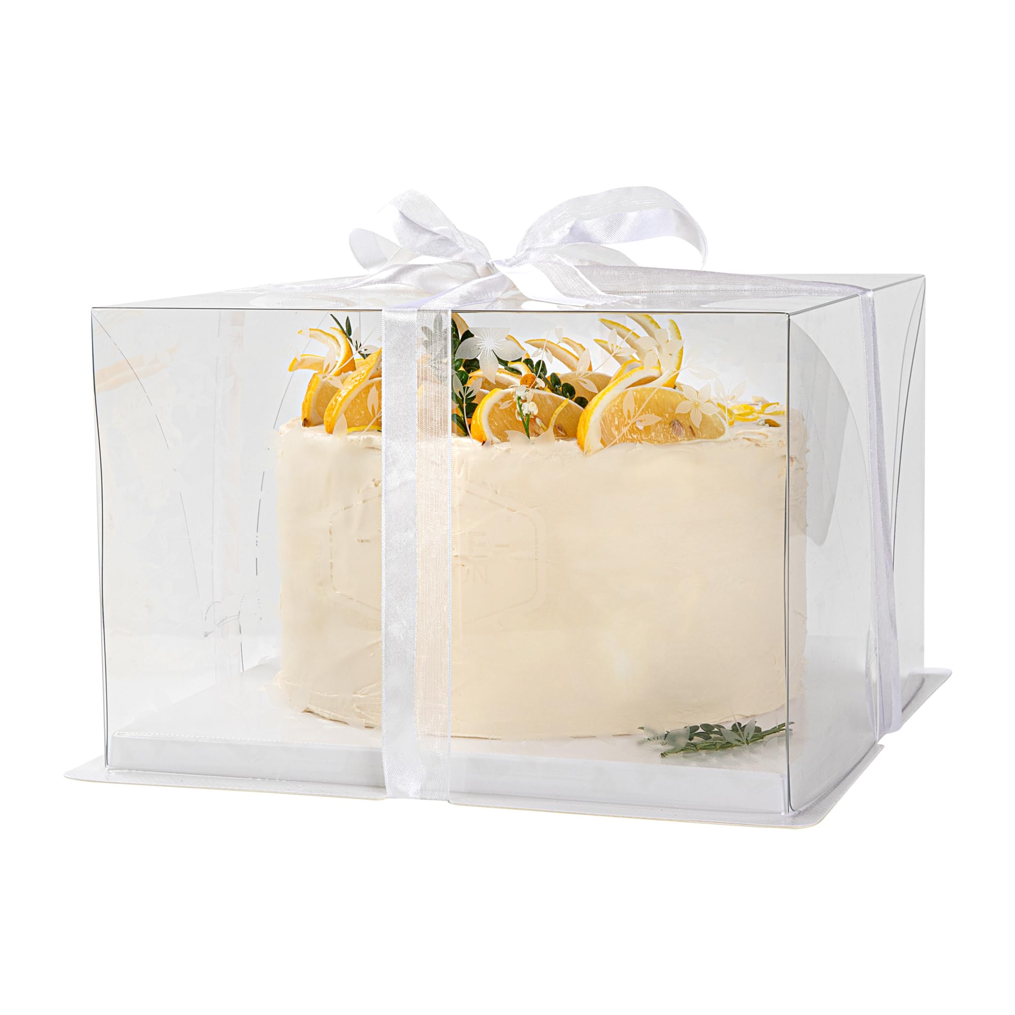 10 Inch x 6.75 Inch Clear Plastic Cake Boxes with Gray Ribbon - Grease-Free Base & Floral Design for Birthday Cakes, Wedding Desserts, Cupcakes & Party Treats | Perfect for Bakeries, Catering & Special Events