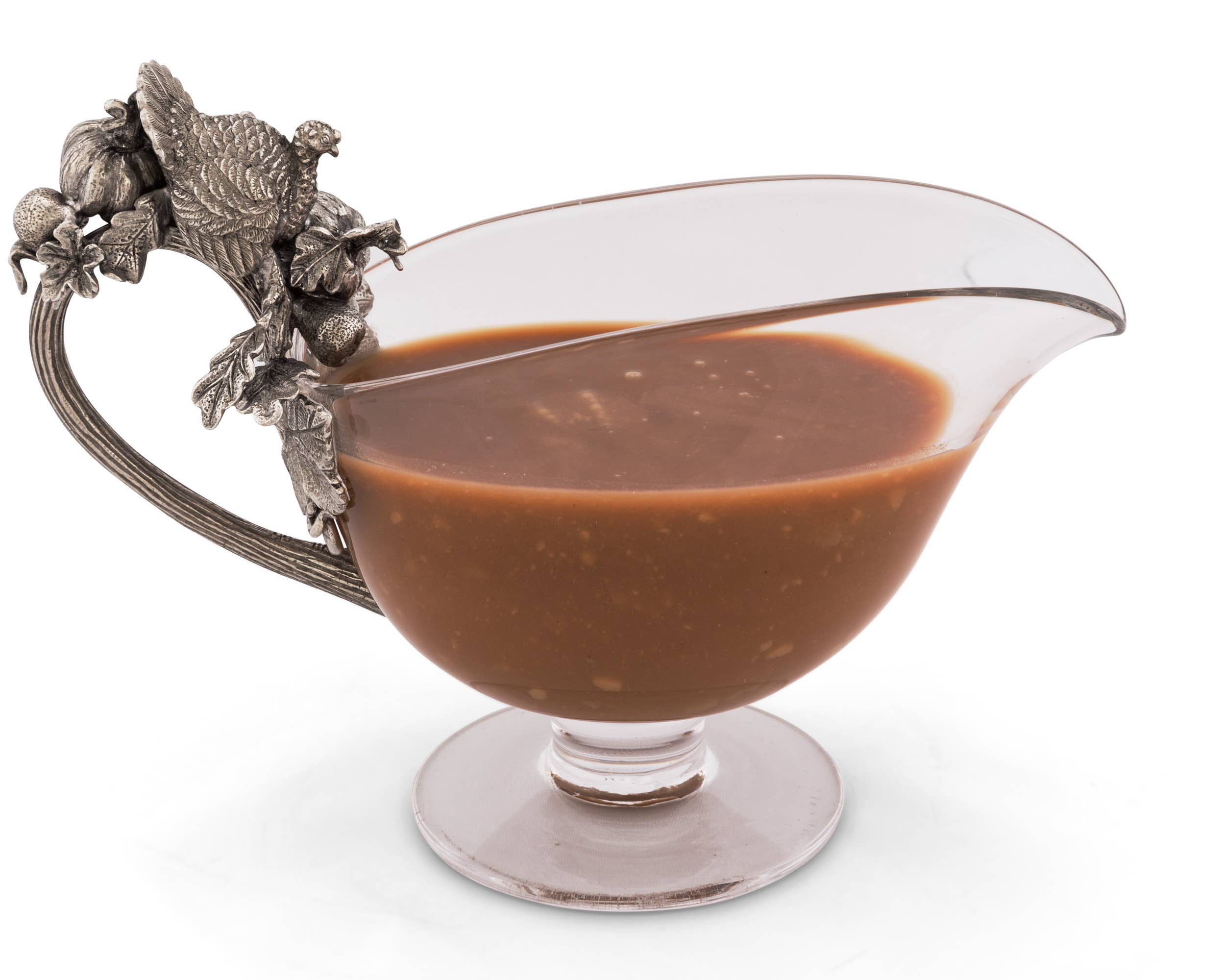 Hand Blown Glass Gravy Boat with Pewter Harvest Turkey Design - Elegant Thanksgiving Dinner Serving Dish for Holiday Meals & Family Gatherings