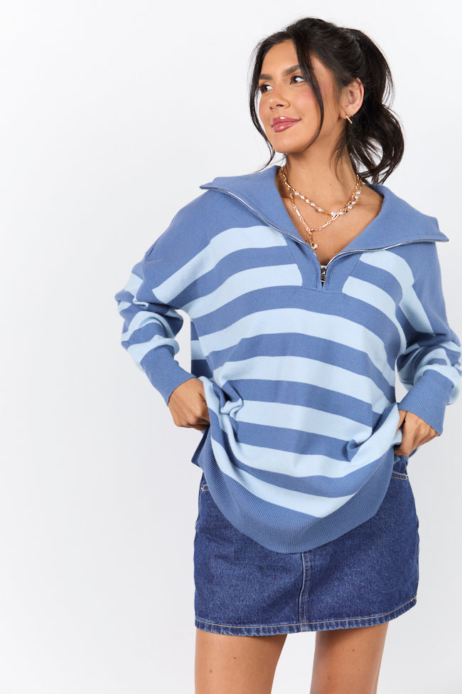 Navy and Blue Stripe Quarter Zip Pullover - Soft & Stylish Men's Sweater for Casual Wear, Office & Outdoor Activities