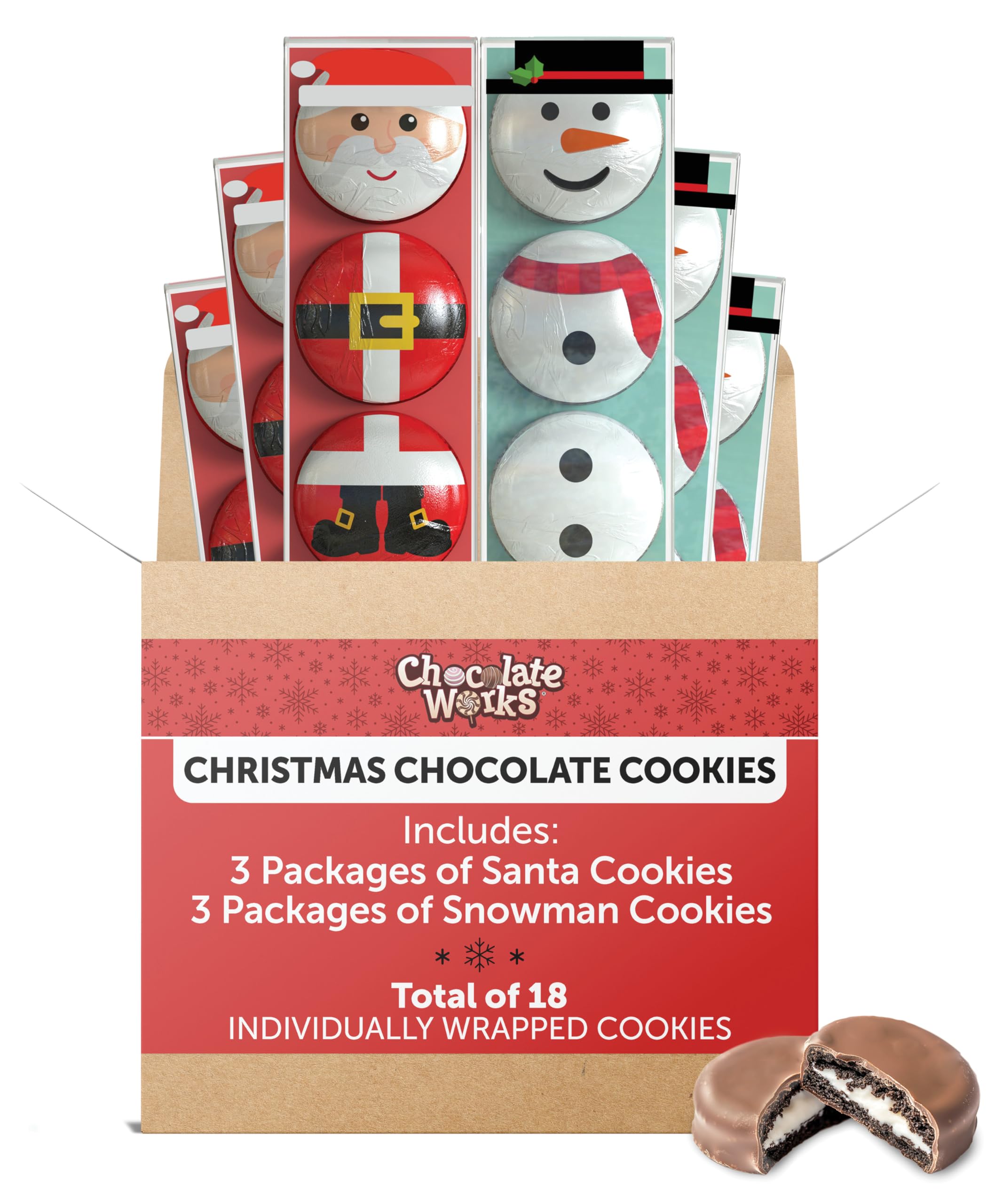 Premium Chocolate Covered Cream Filled Cookies by Chocolate Works - Gourmet Christmas Chocolate Gift Box with Milk Chocolate Coated Cookies (Santa & Snowman Design) - 6 Pack Deluxe Holiday Treats for Gifting, Parties & Festive Celebrations