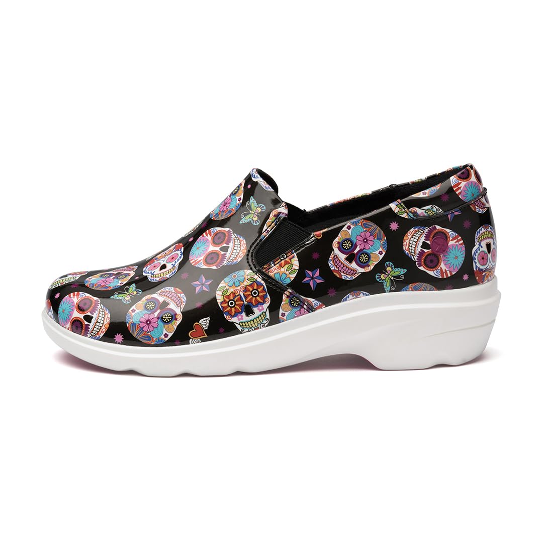 Klogs Footwear Ascent Candy Skulls Patent Leather Slip-Resistant Work Shoes for Women - Size 8.5 Medium (C) - Comfortable & Durable for Nurses, Chefs & Service Professionals