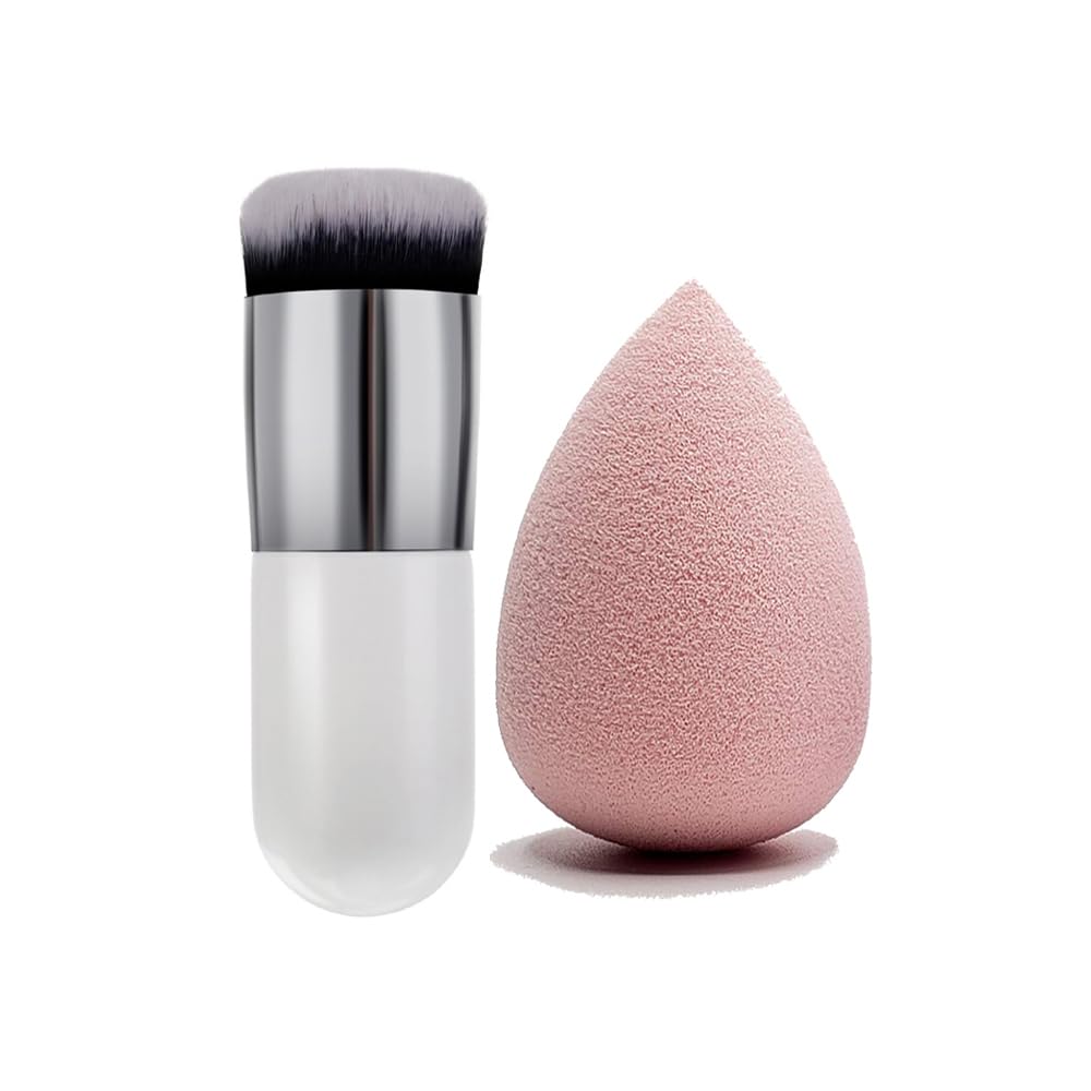 1 Round Foundation Makeup Brush & Mini Makeup Sponge Blender Set - Professional Liquid & Powder Cosmetic Applicator for Flawless Face Makeup - Perfect for Travel, Everyday Use & On-The-Go Touch Ups