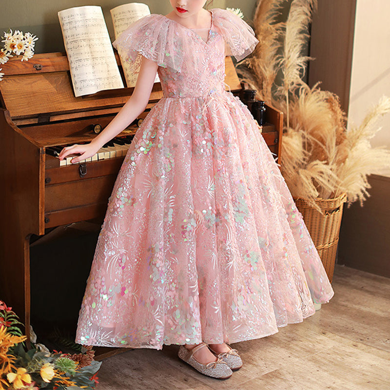 Sparkly Pink Sequin Flower Girl Dress - A-Line V-Neck Cap Sleeve Floor Length Formal Gown for Weddings, Pageants & Special Occasions